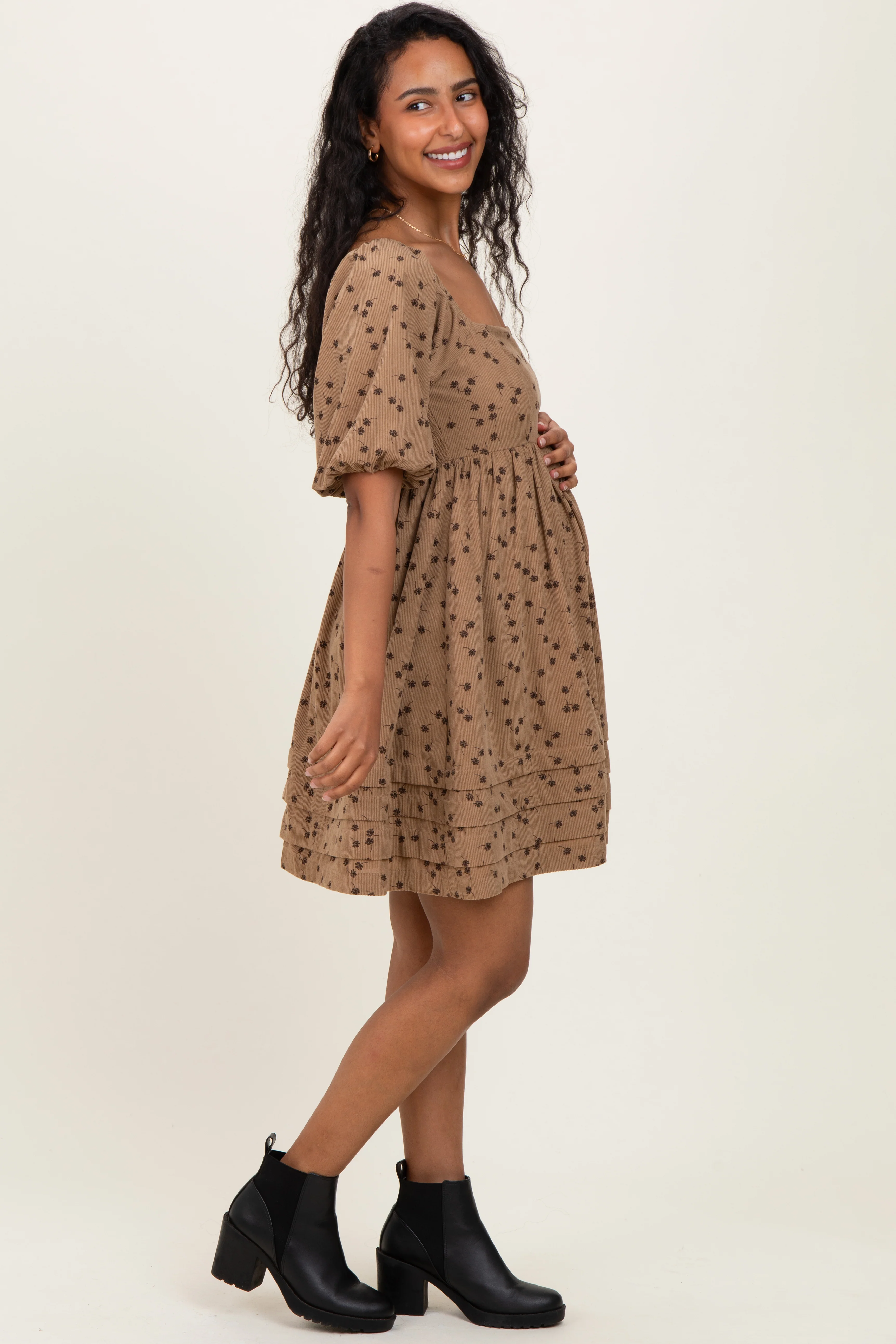 Taupe Floral Corduroy Puff Sleeve Babydoll Mini Maternity Dress - Image 3