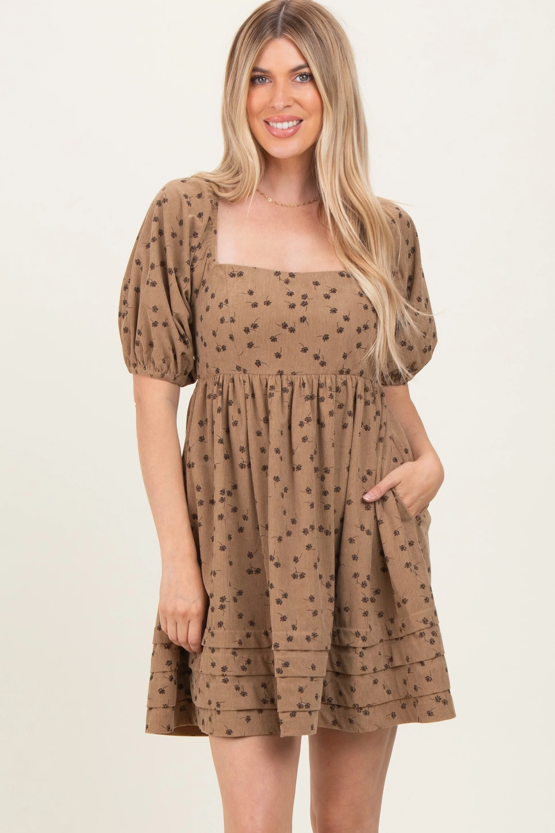 Taupe Floral Corduroy Puff Sleeve Babydoll Mini Maternity Dress - Image 5