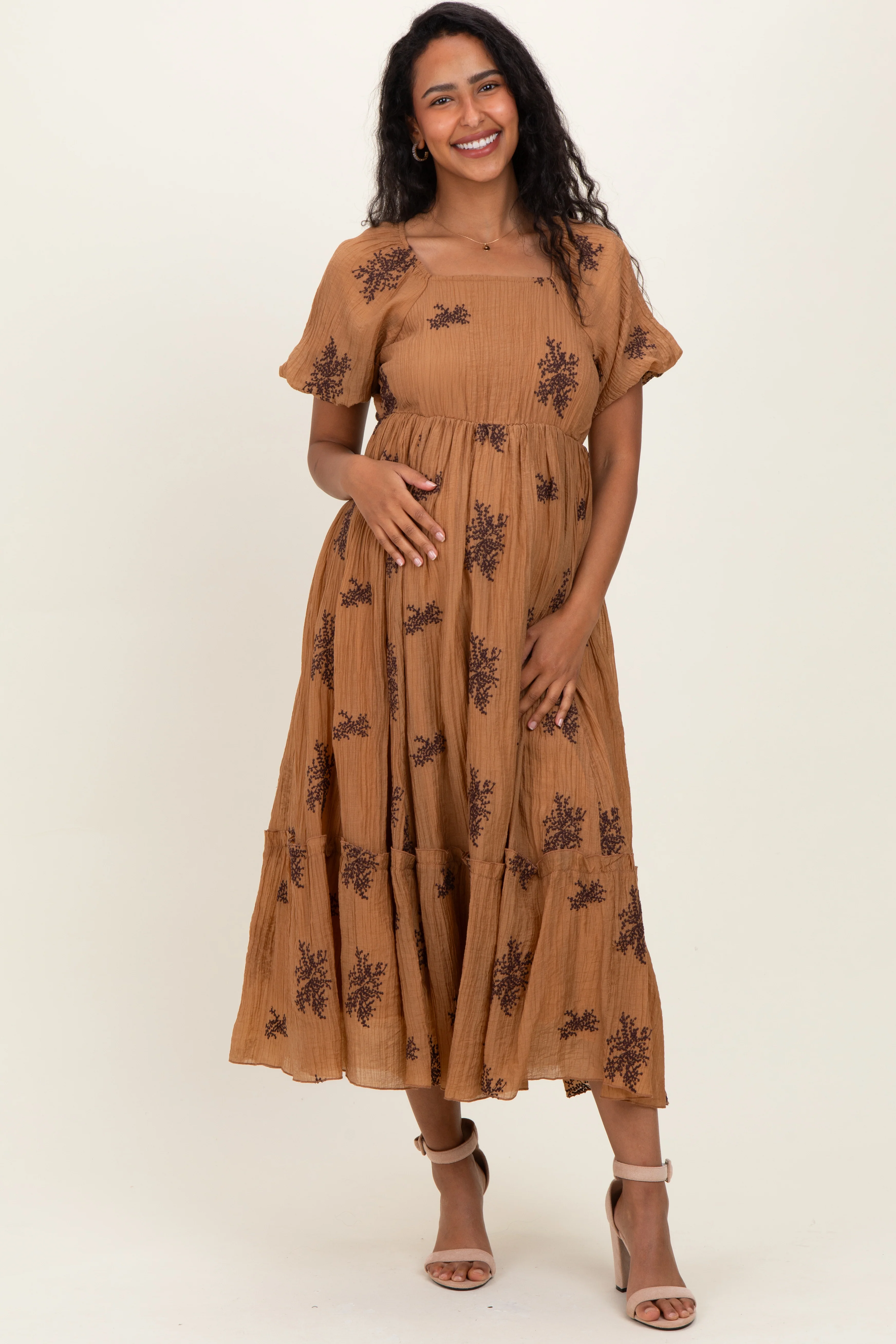 Taupe Floral Embroidered Puff Sleeve Maternity Midi Dress - Image 2