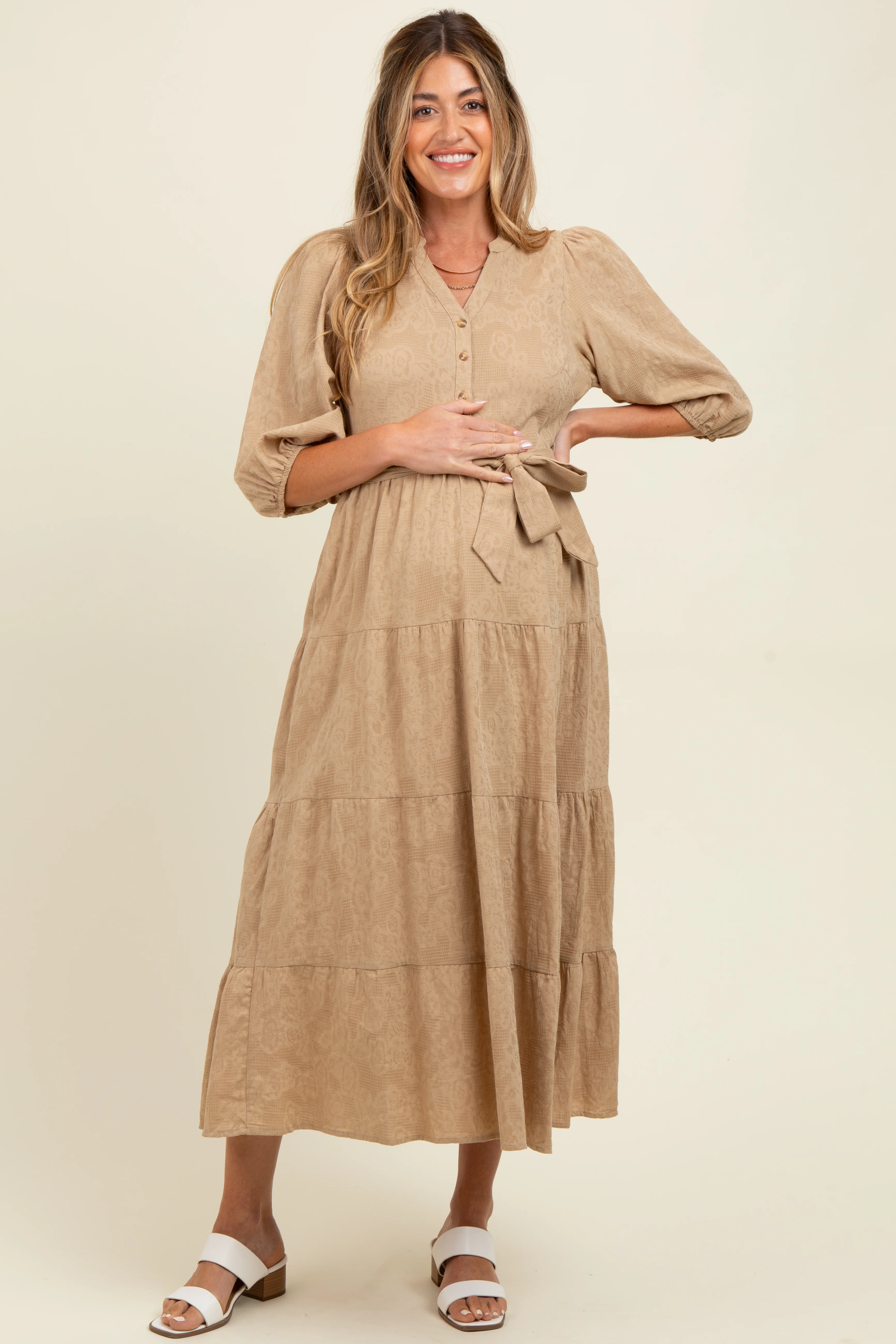 Taupe Floral Jacquard Button Front Tiered Maternity Dress - Image 3