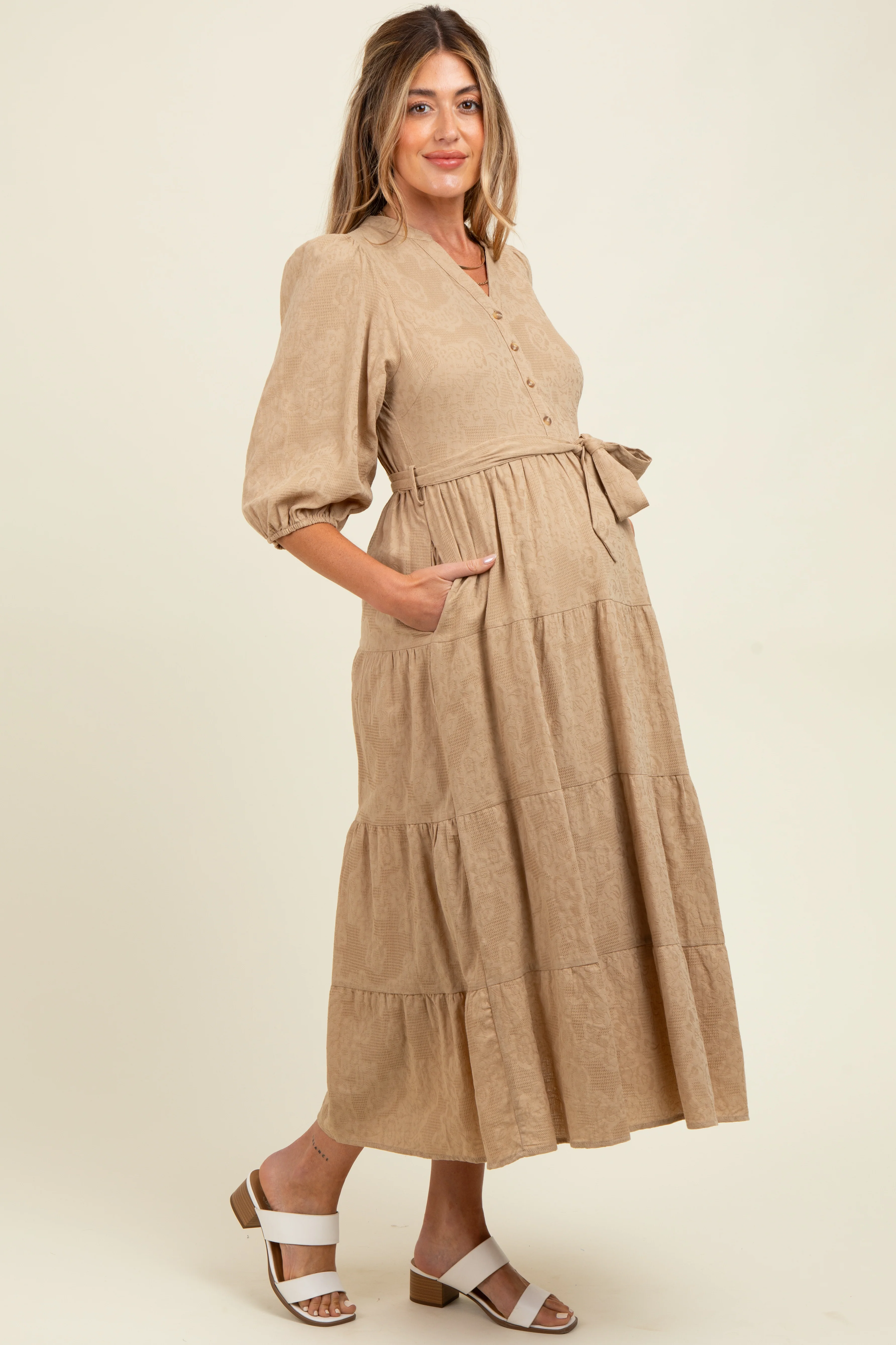 Taupe Floral Jacquard Button Front Tiered Maternity Dress - Image 4