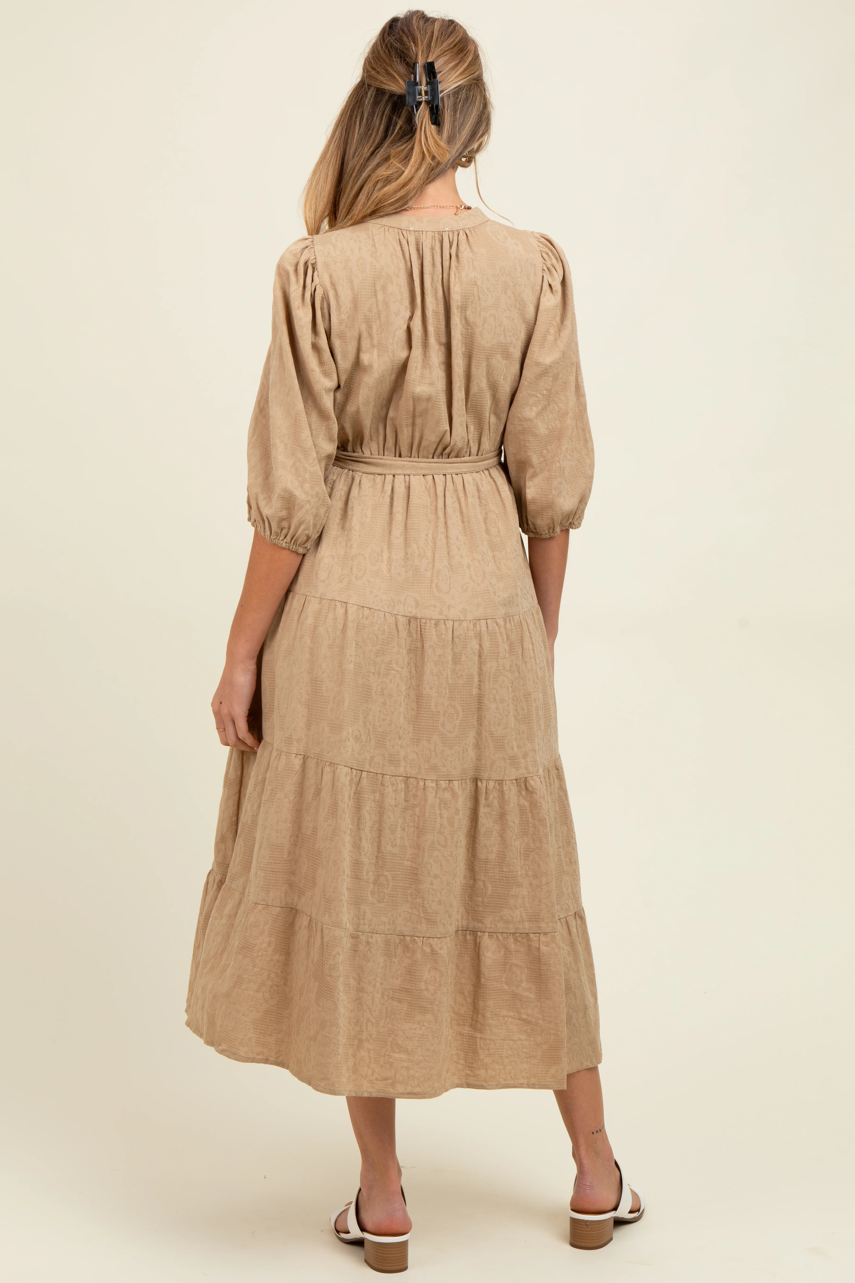 Taupe Floral Jacquard Button Front Tiered Maternity Dress - Image 5