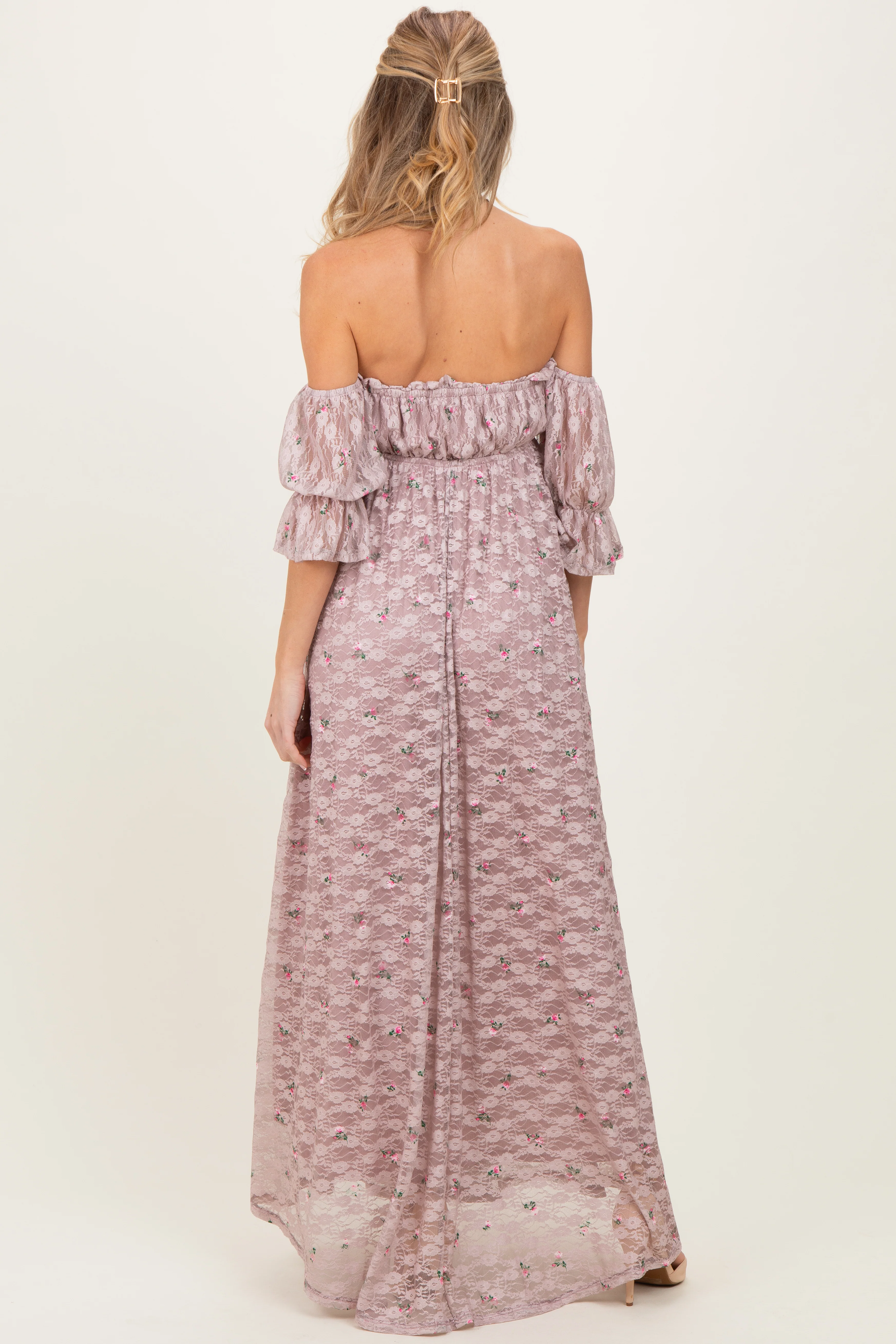 Taupe Floral Lace Off Shoulder Ruffe Sleeve Maternity Maxi Dress - Image 4