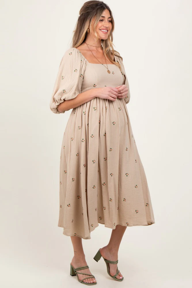 Taupe Floral Maternity Midi Dress - Image 3