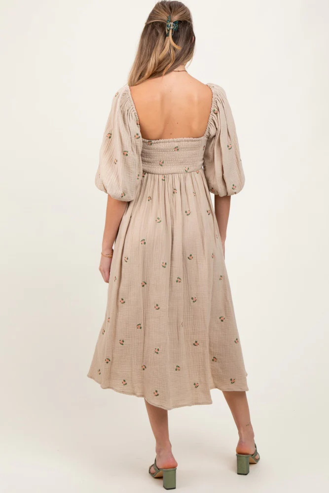 Taupe Floral Maternity Midi Dress - Image 4