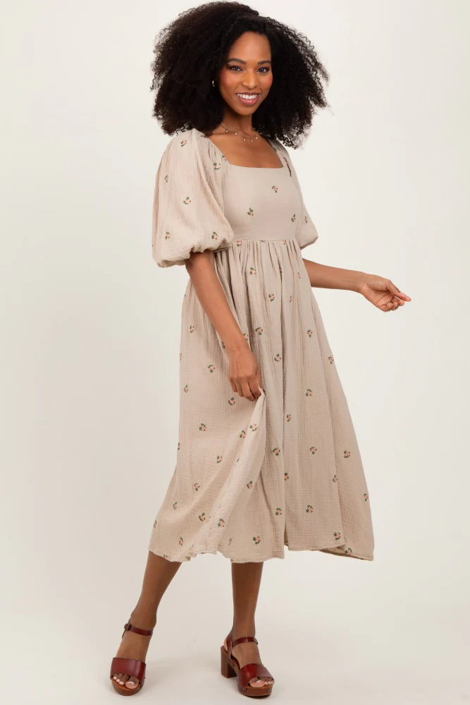 Taupe Floral Maternity Midi Dress - Image 5