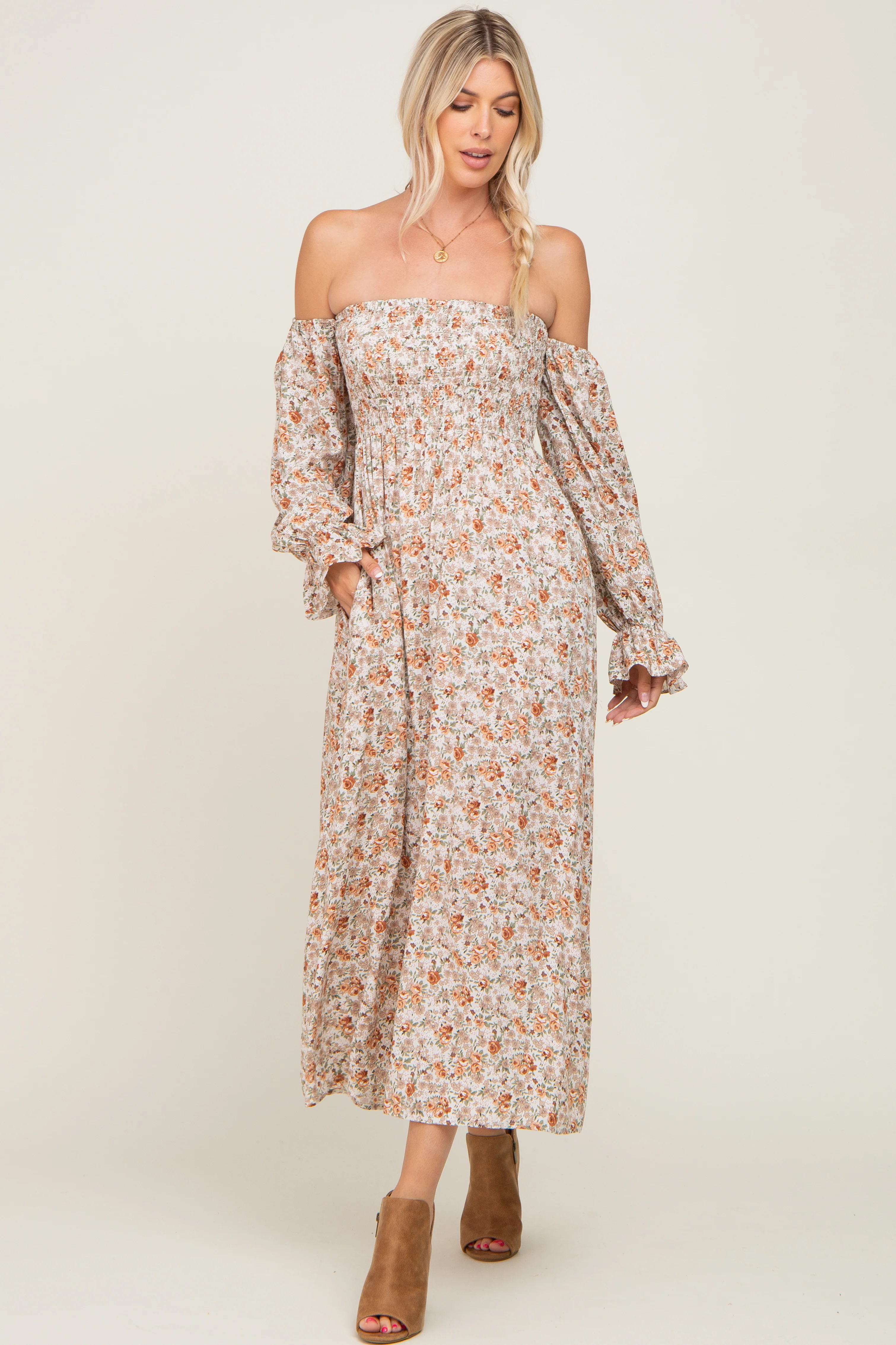 Taupe Floral Off Shoulder Long Sleeve Maternity Maxi Dress - Image 10