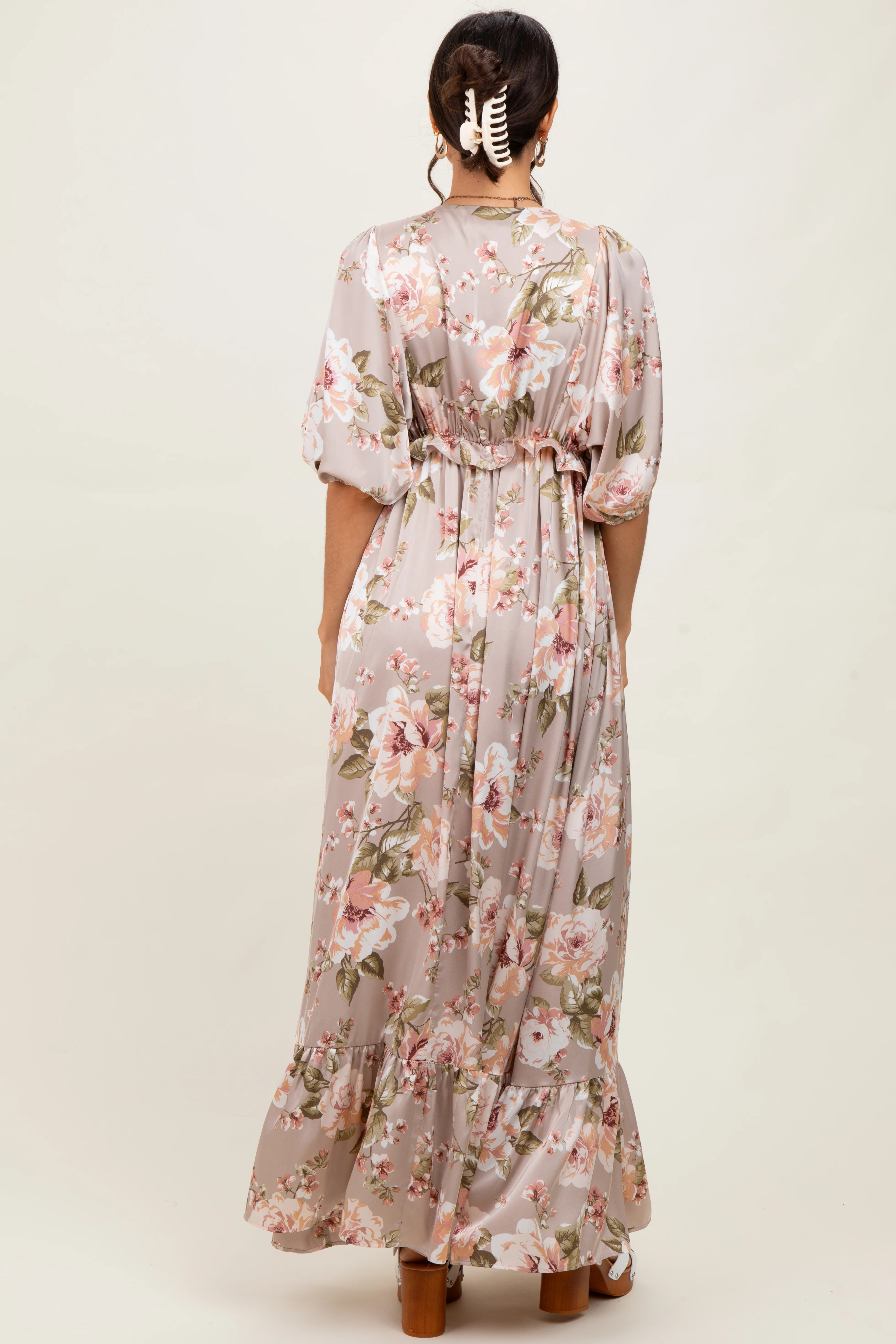 Taupe Floral Print Elbow Sleeve V-Neck Tiered Maxi Dress - Image 4