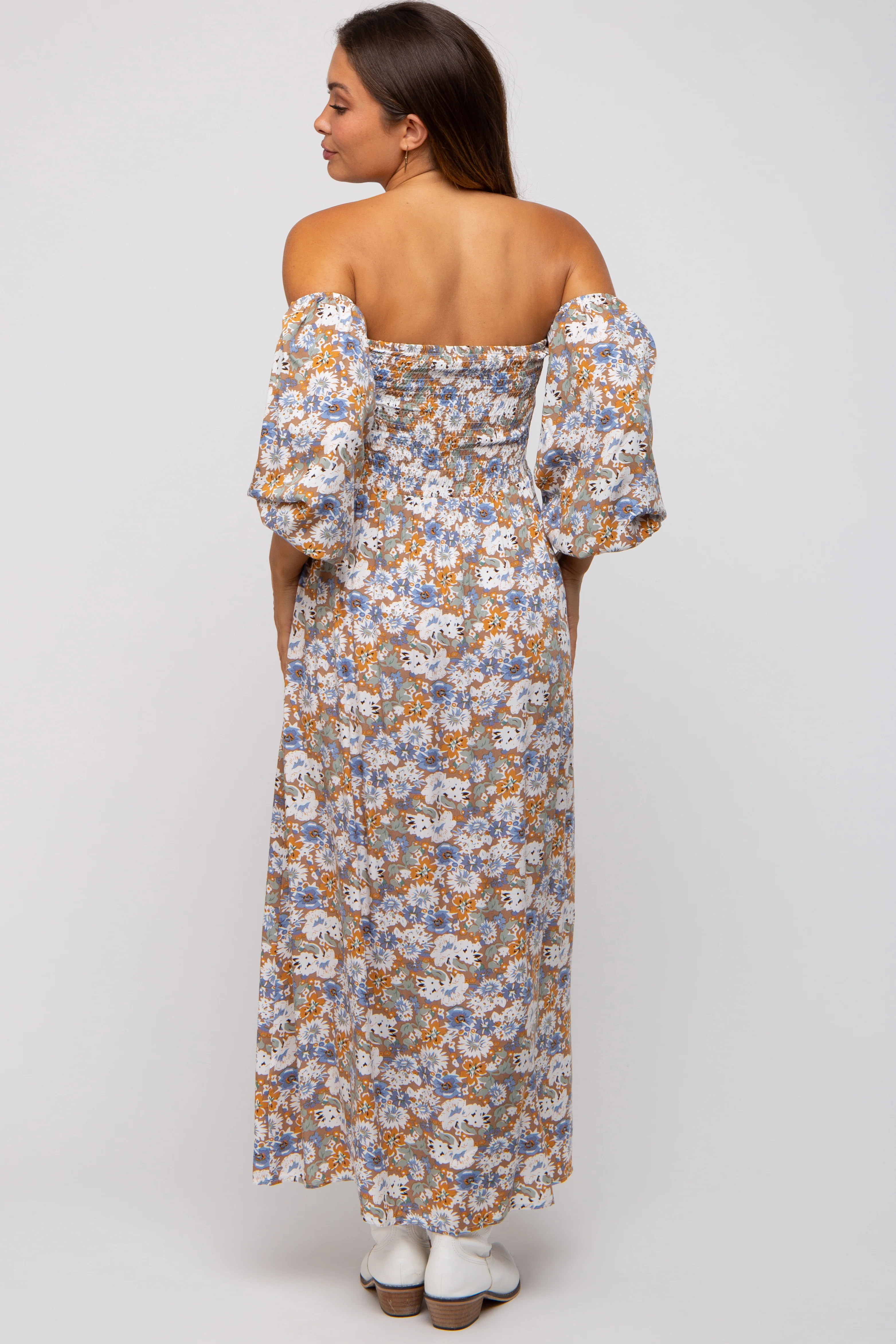 Taupe Floral Print Off Shoulder Smocked Maternity Maxi Dress - Image 3