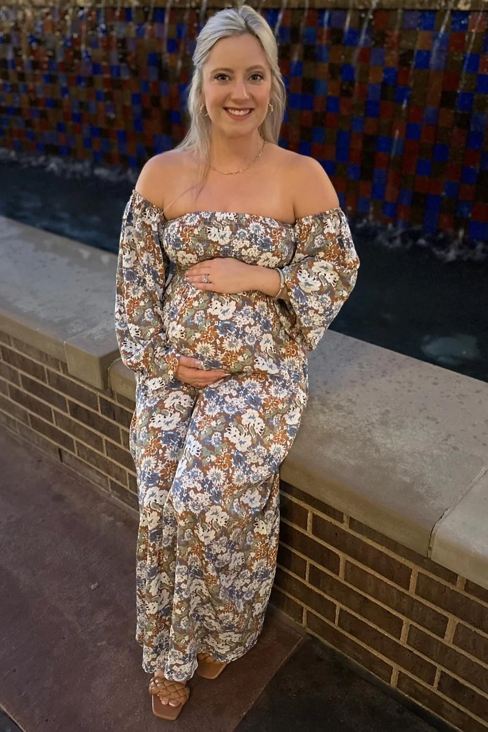 Taupe Floral Print Off Shoulder Smocked Maternity Maxi Dress - Image 8