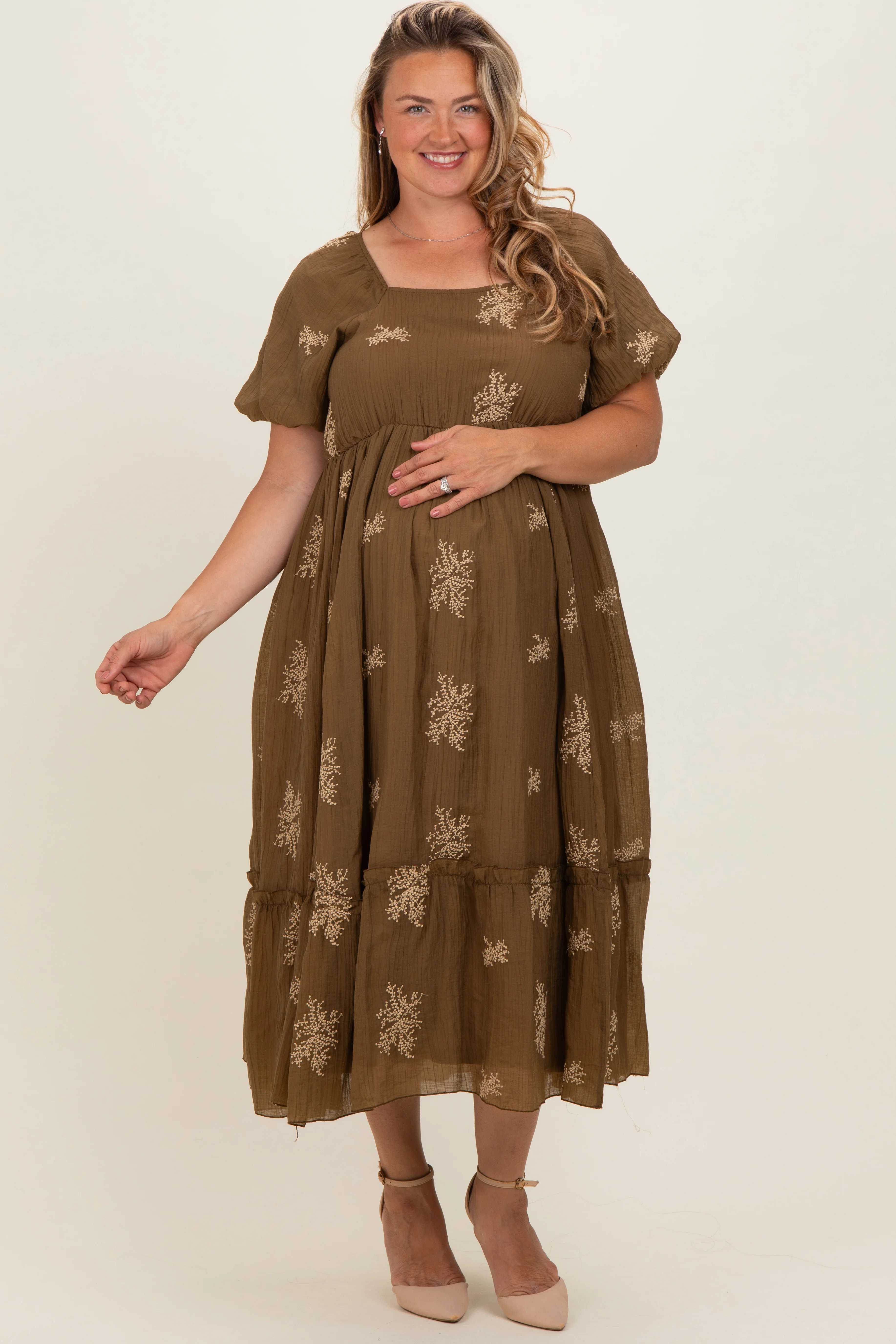 Taupe Floral Print Ruffle Hem Maternity Plus Midi Dress - Image 2