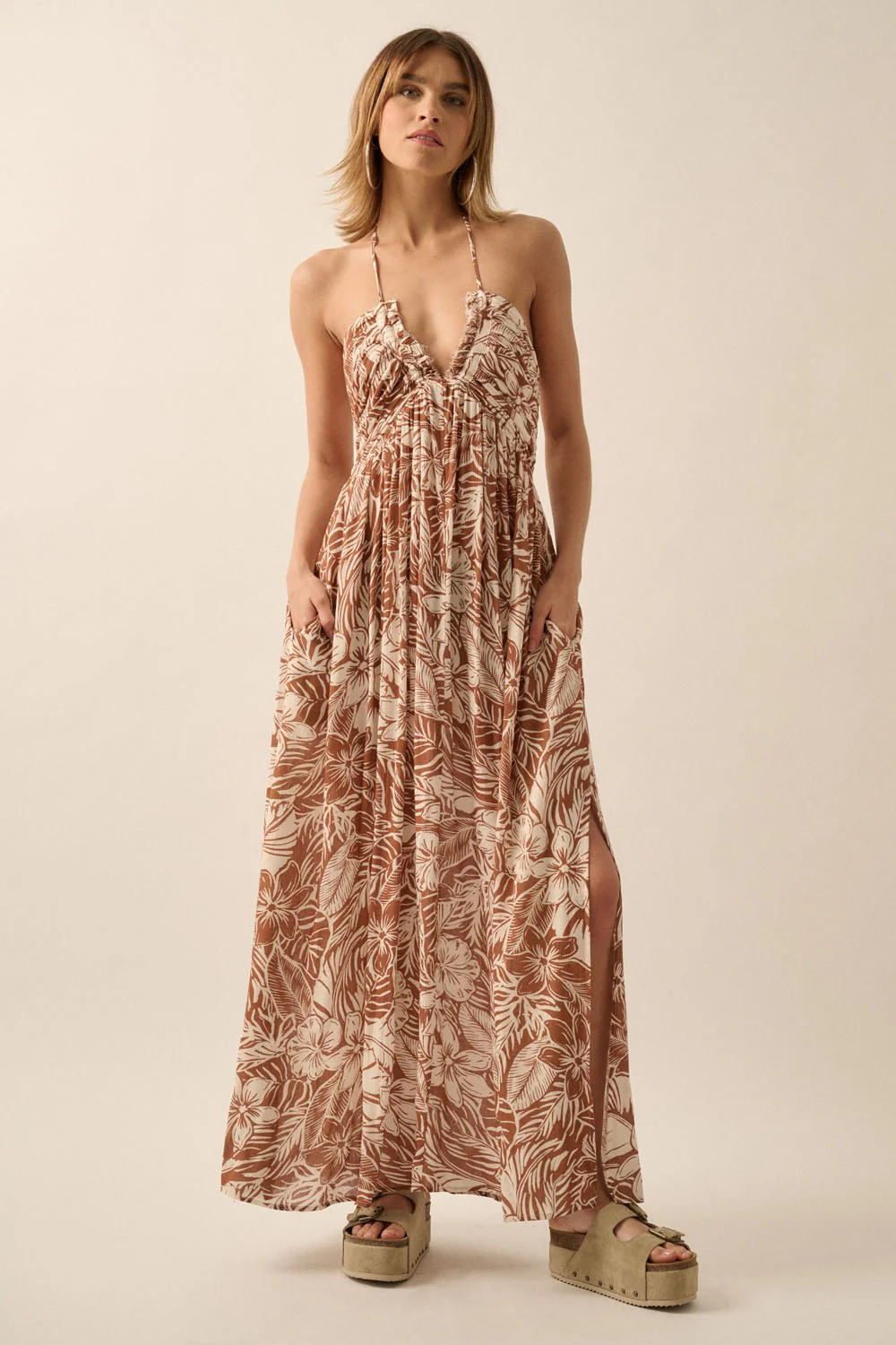 Taupe Floral Ruched V-Neck Halter Maternity Maxi Dress - Image 5
