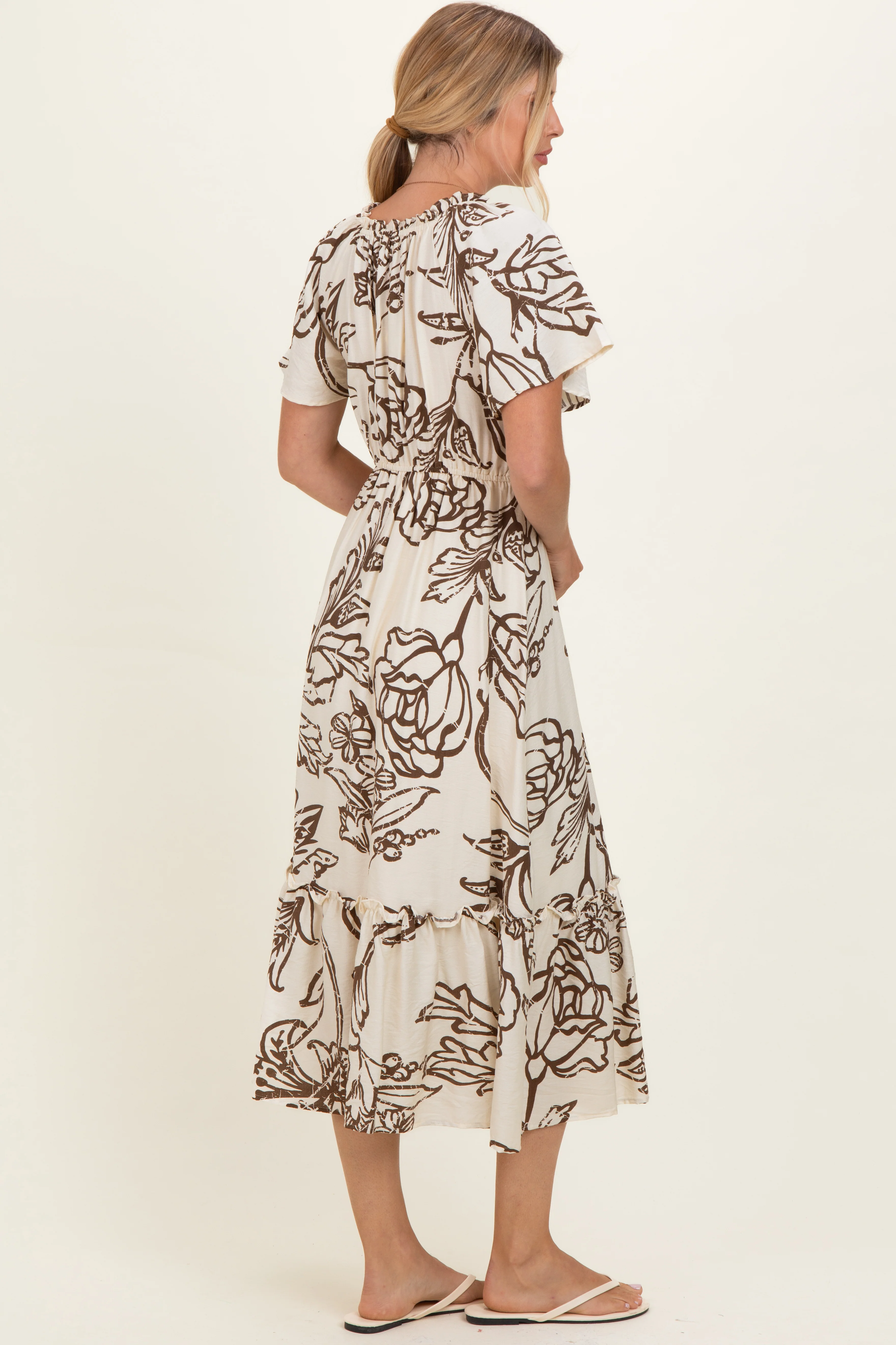 Taupe Floral Smocked Front Tie Midi Dress - Image 3