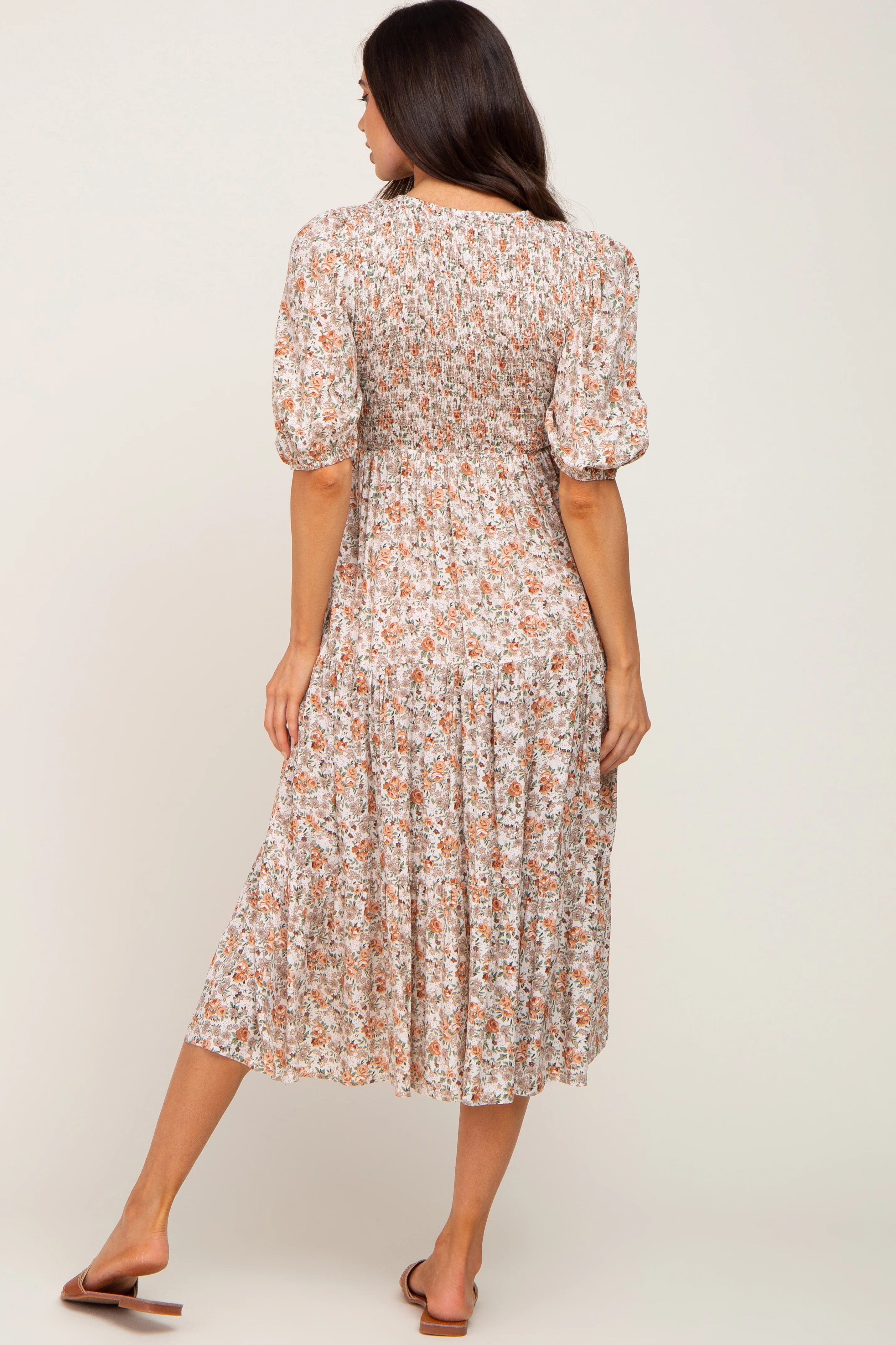Taupe Floral Smocked Tiered Maternity Midi Dress - Image 3