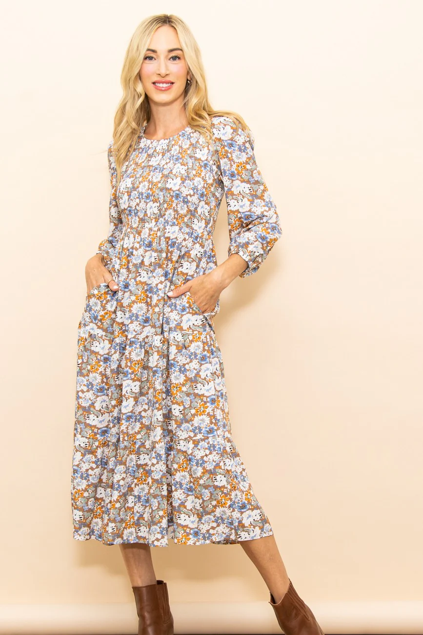 Taupe Floral Smocked Tiered Maternity Midi Dress - Image 4