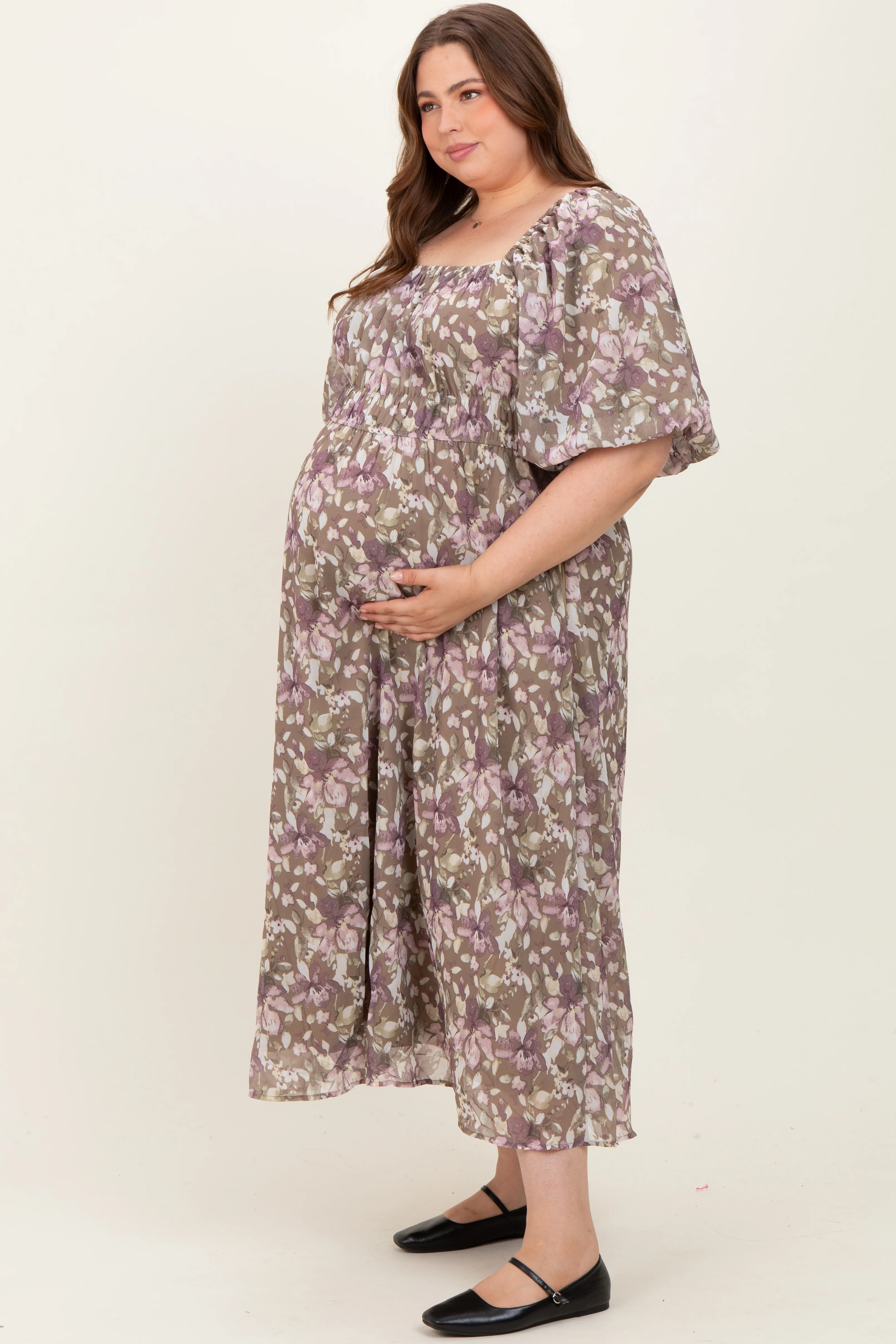 Taupe Floral Square Neck Short Puff Sleeve Maternity Plus Midi Dress - Image 3