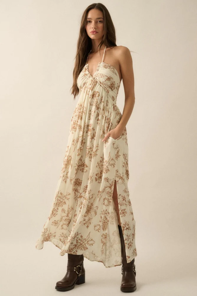 Taupe Floral Tie-Back Halter Maternity Maxi Dress - Image 4