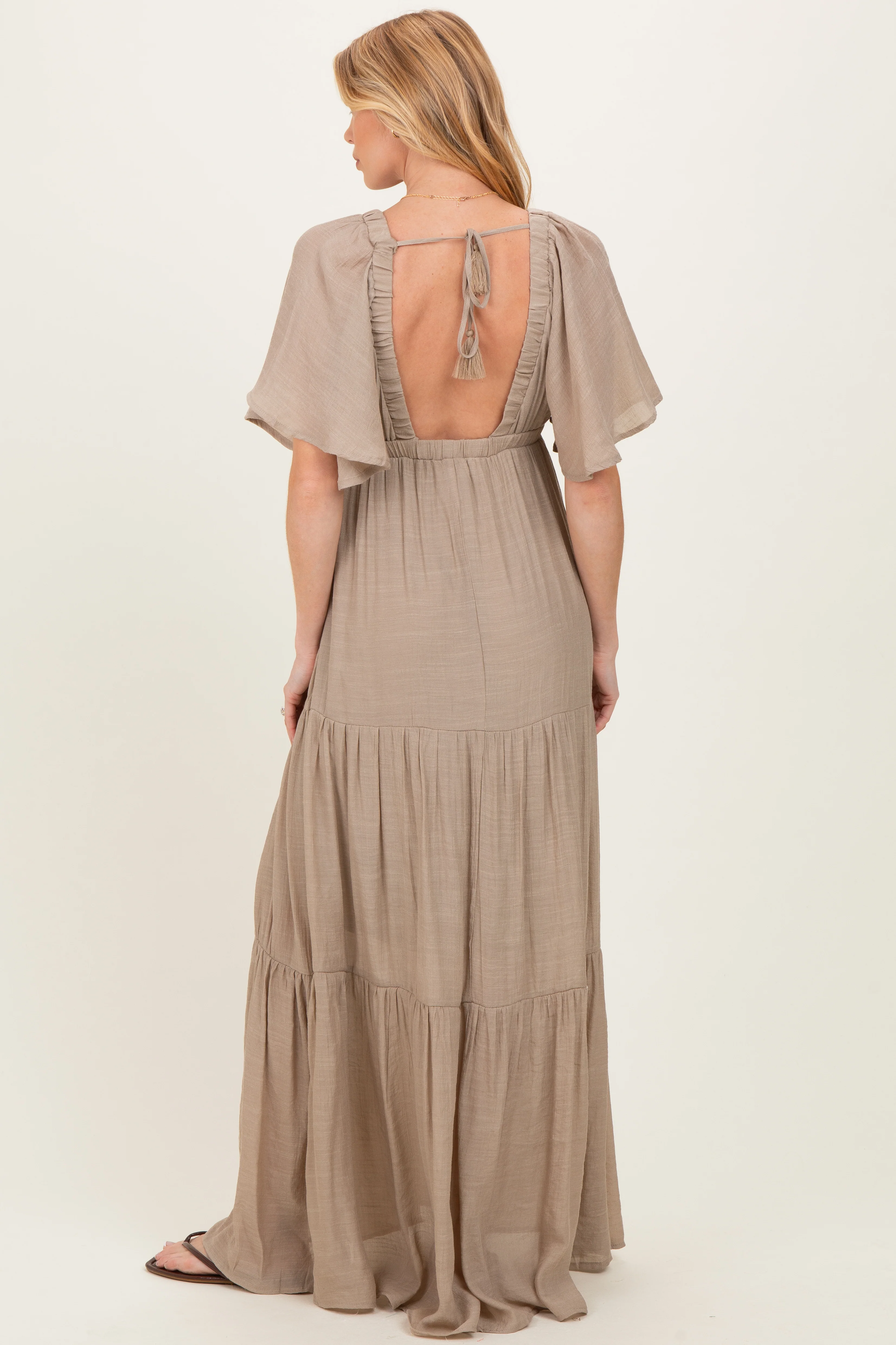 Taupe Flutter Sleeve Maternity Maxi Dress - Image 3