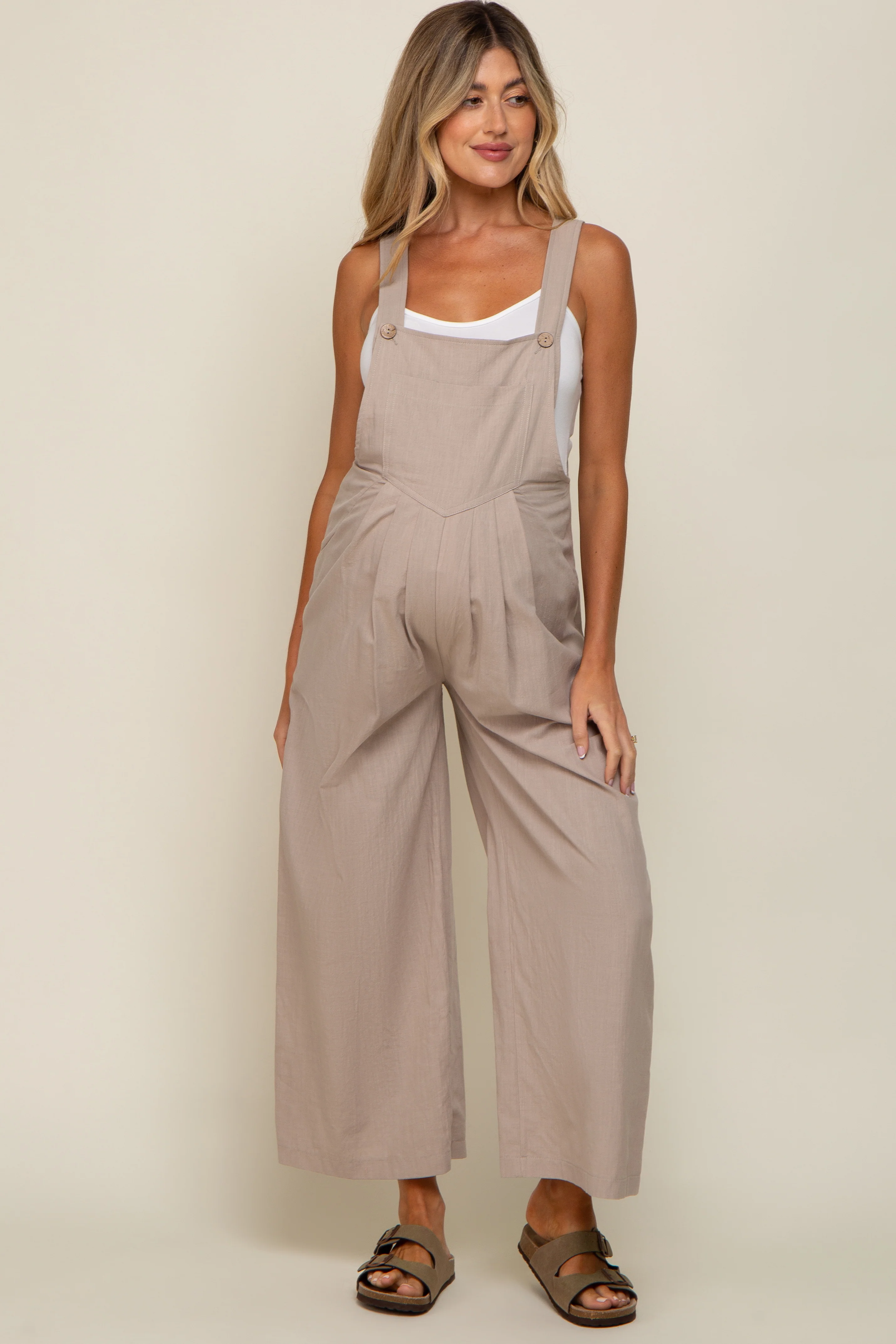 Taupe Front Pocket Pleated Linen Maternity Overall - Image 4