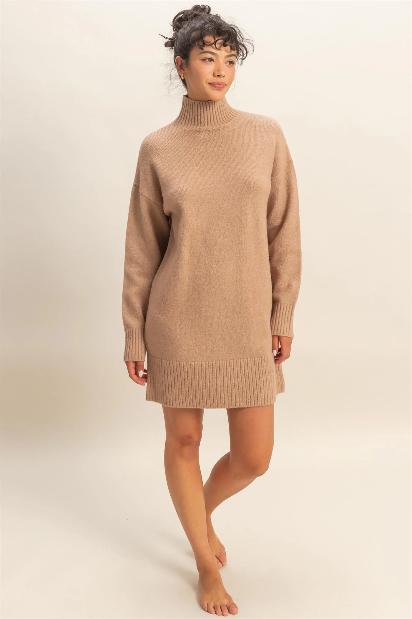 Taupe High Neck Sweater Mini Dress - Image 4