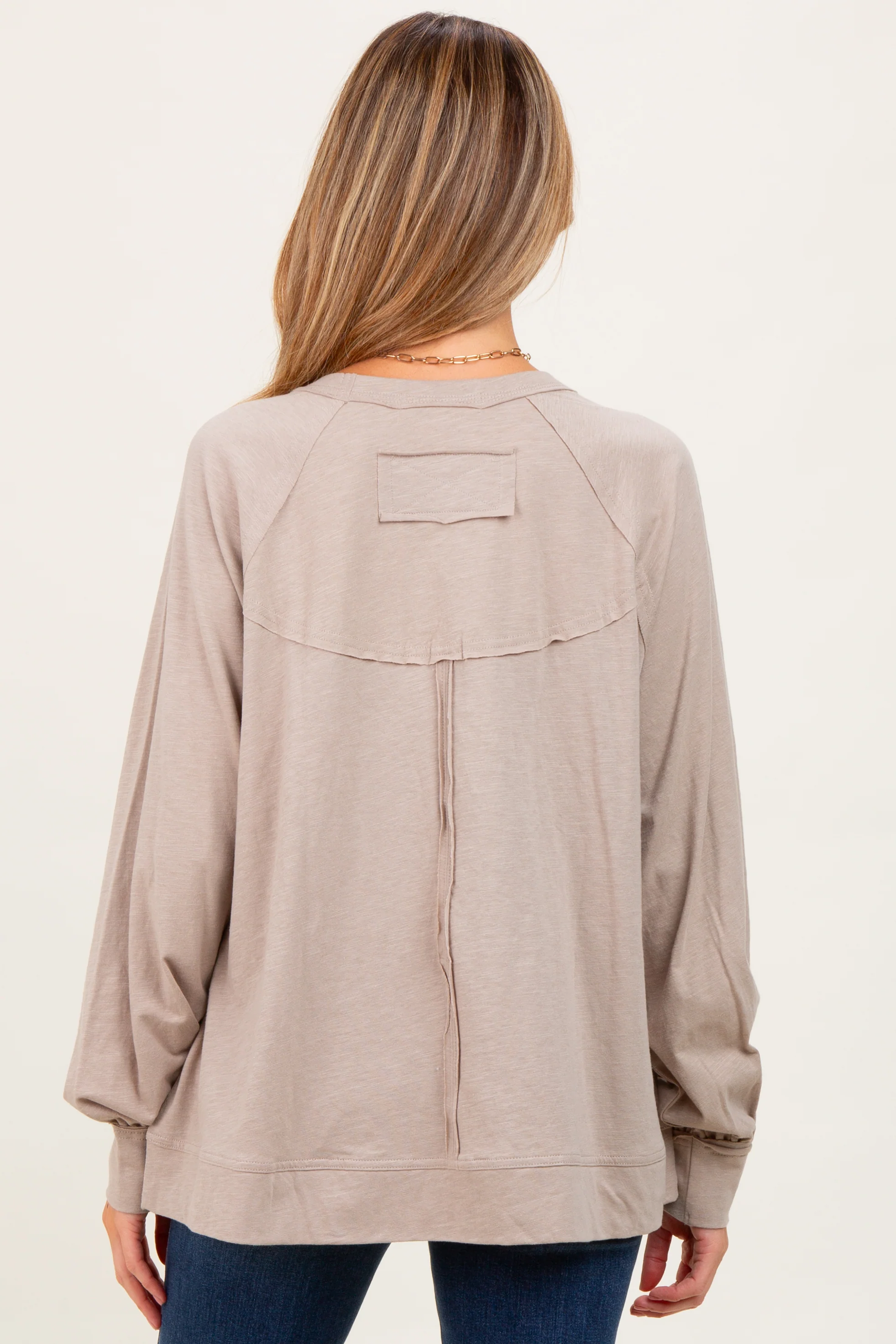 Taupe Oversized Cotton Slub Long Sleeve Maternity Top - Image 3