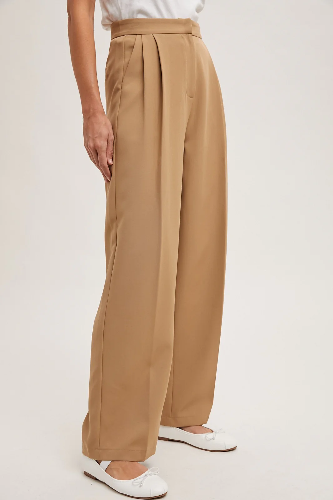 Taupe Pleated Wide Trouser Pants - Image 6