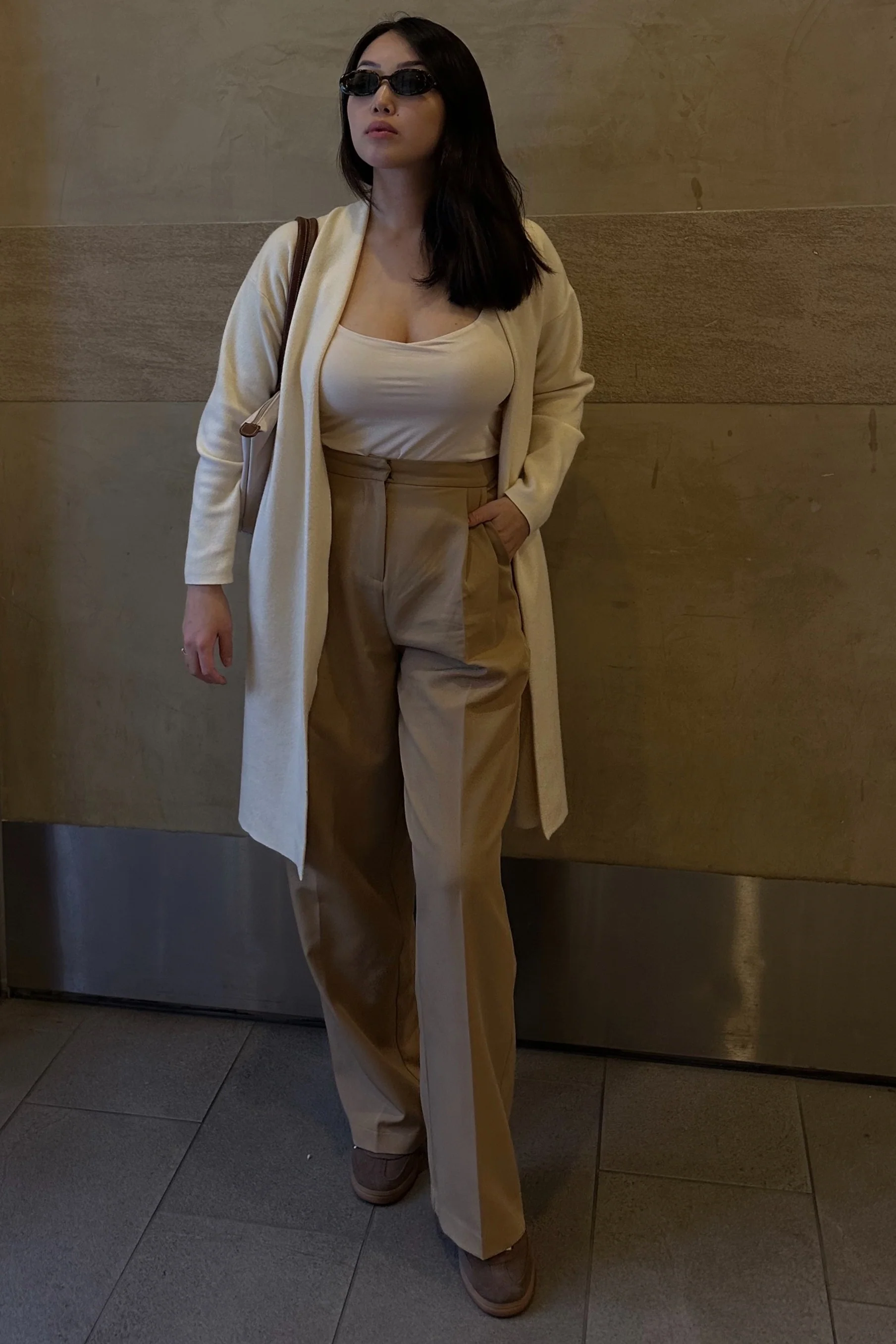 Taupe Pleated Wide Trouser Pants - Image 9