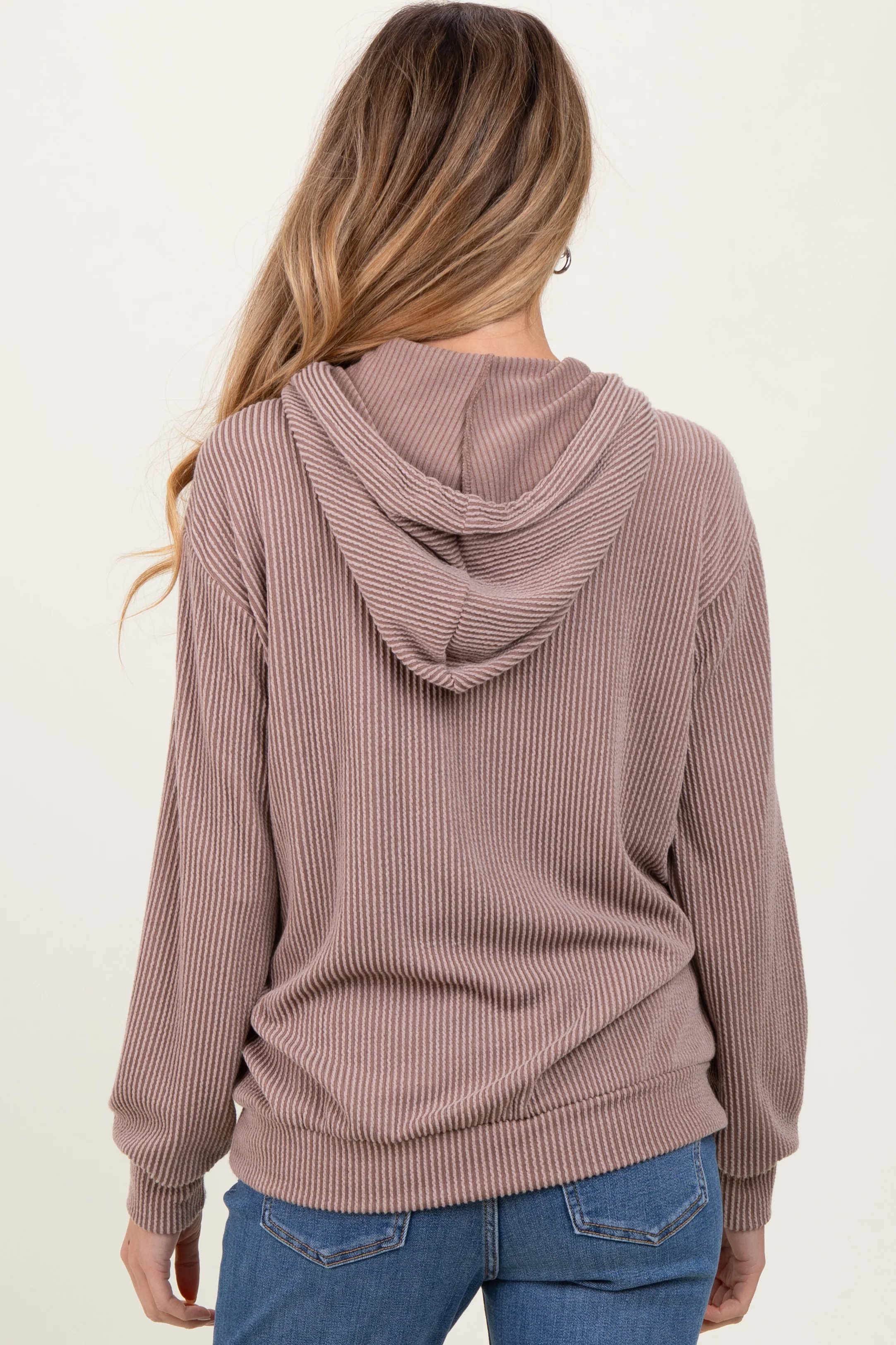 Taupe Ribbed Basic Drawstring Maternity Hoodie - Image 4
