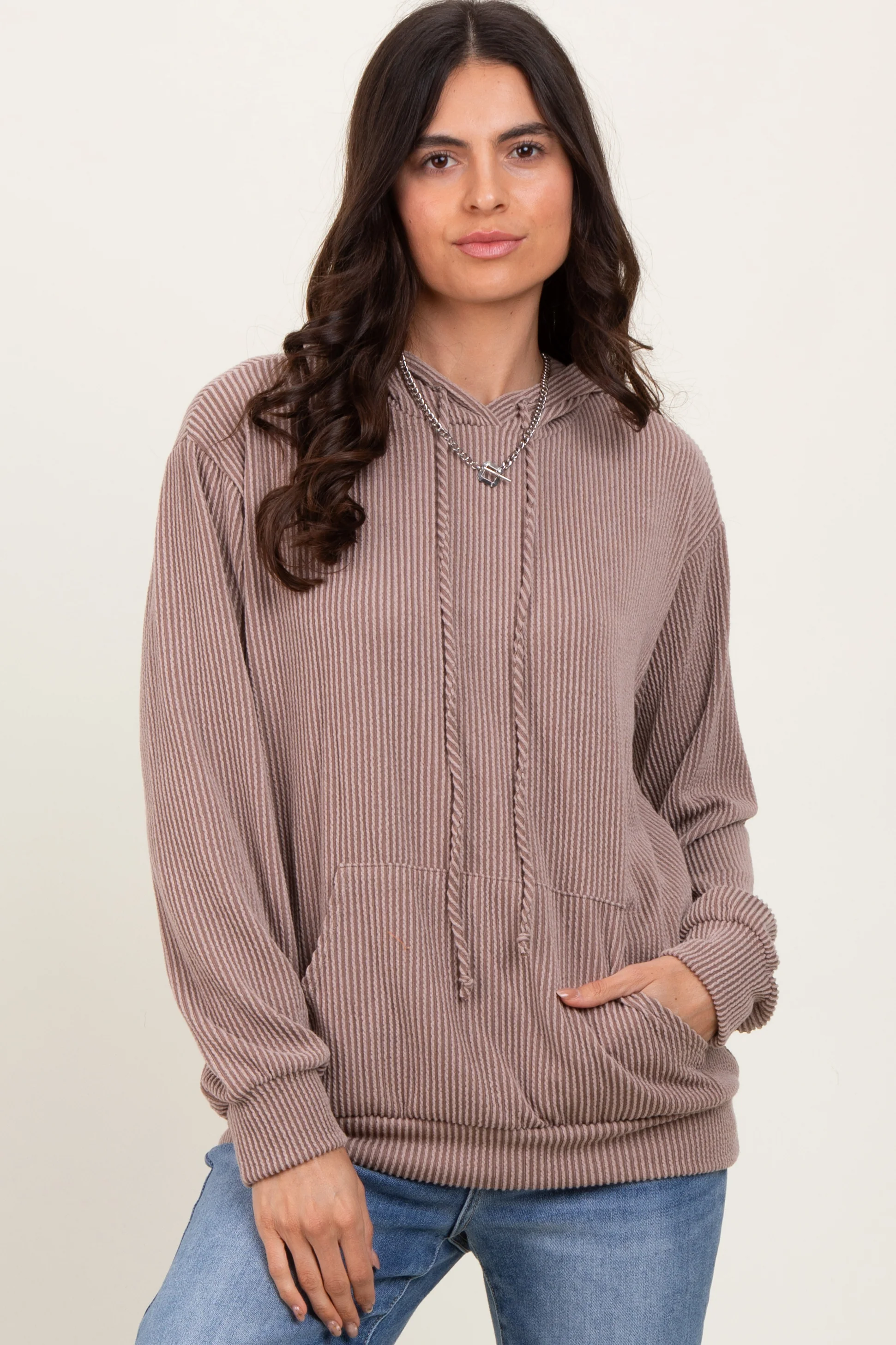 Taupe Ribbed Basic Drawstring Maternity Hoodie - Image 5