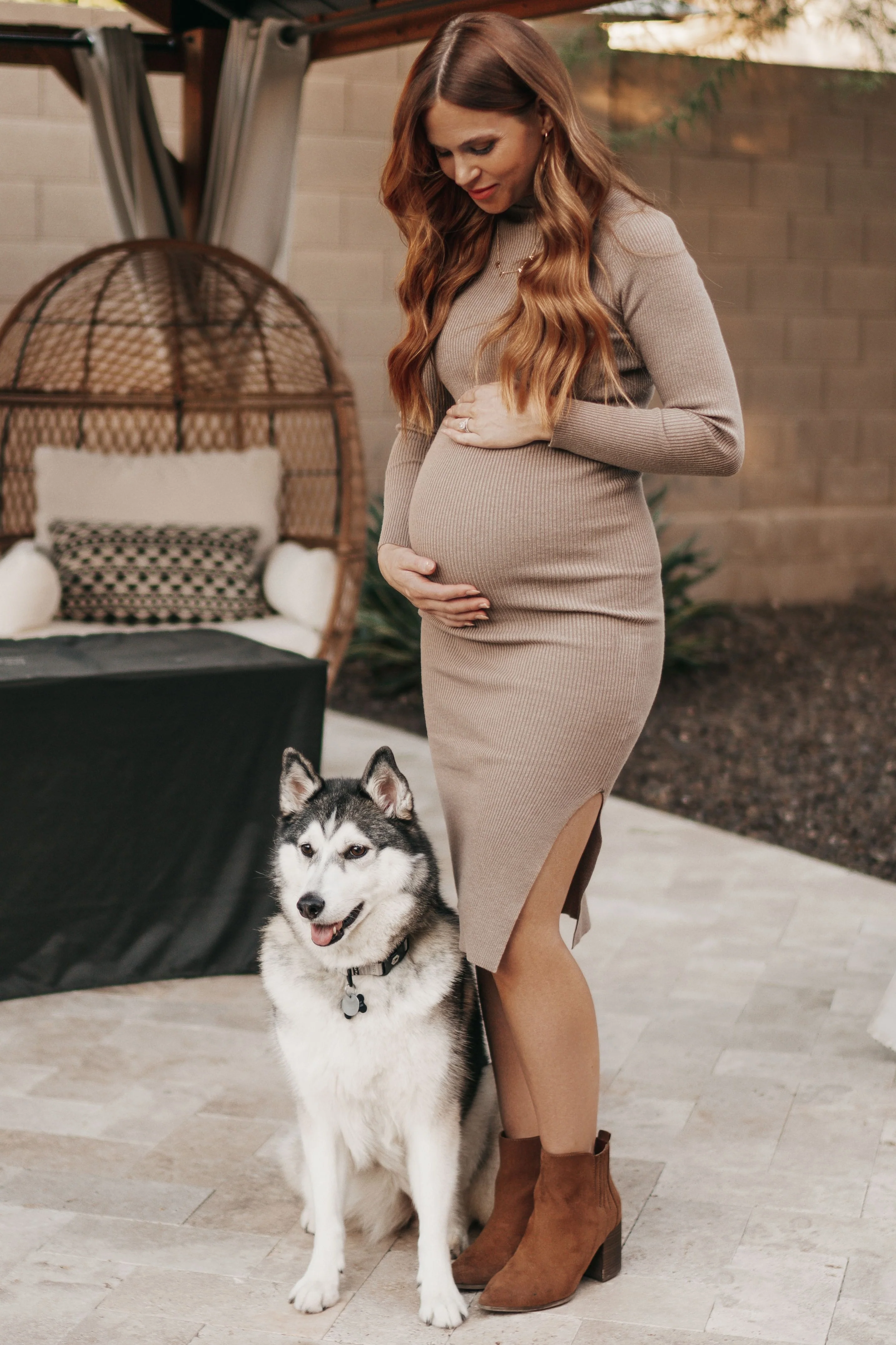 Taupe Ribbed Fitted Mock Neck Long Sleeve Maternity Midi Dress - Image 13