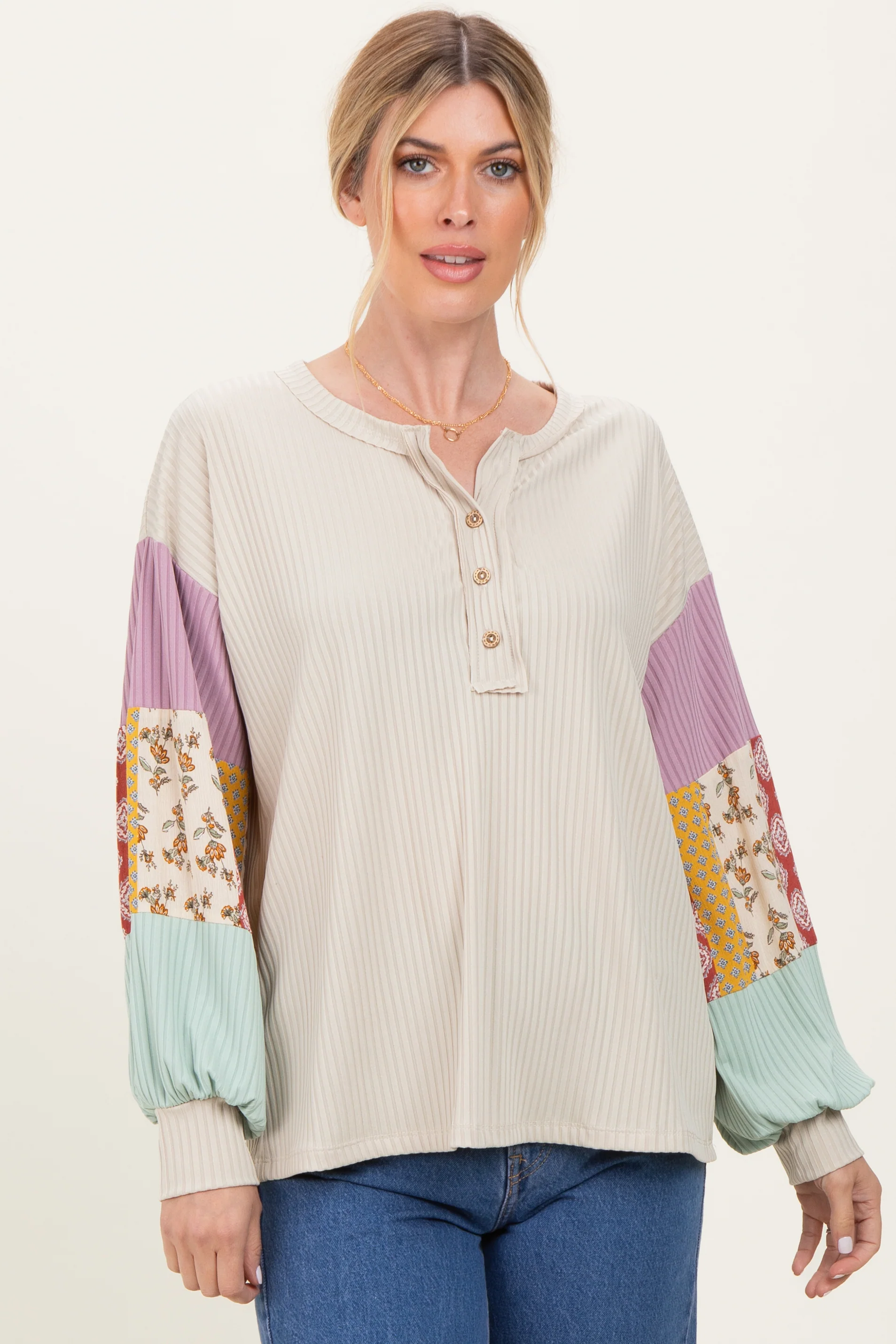 Taupe Ribbed Long Sleeve Colorblock Maternity Top - Image 4