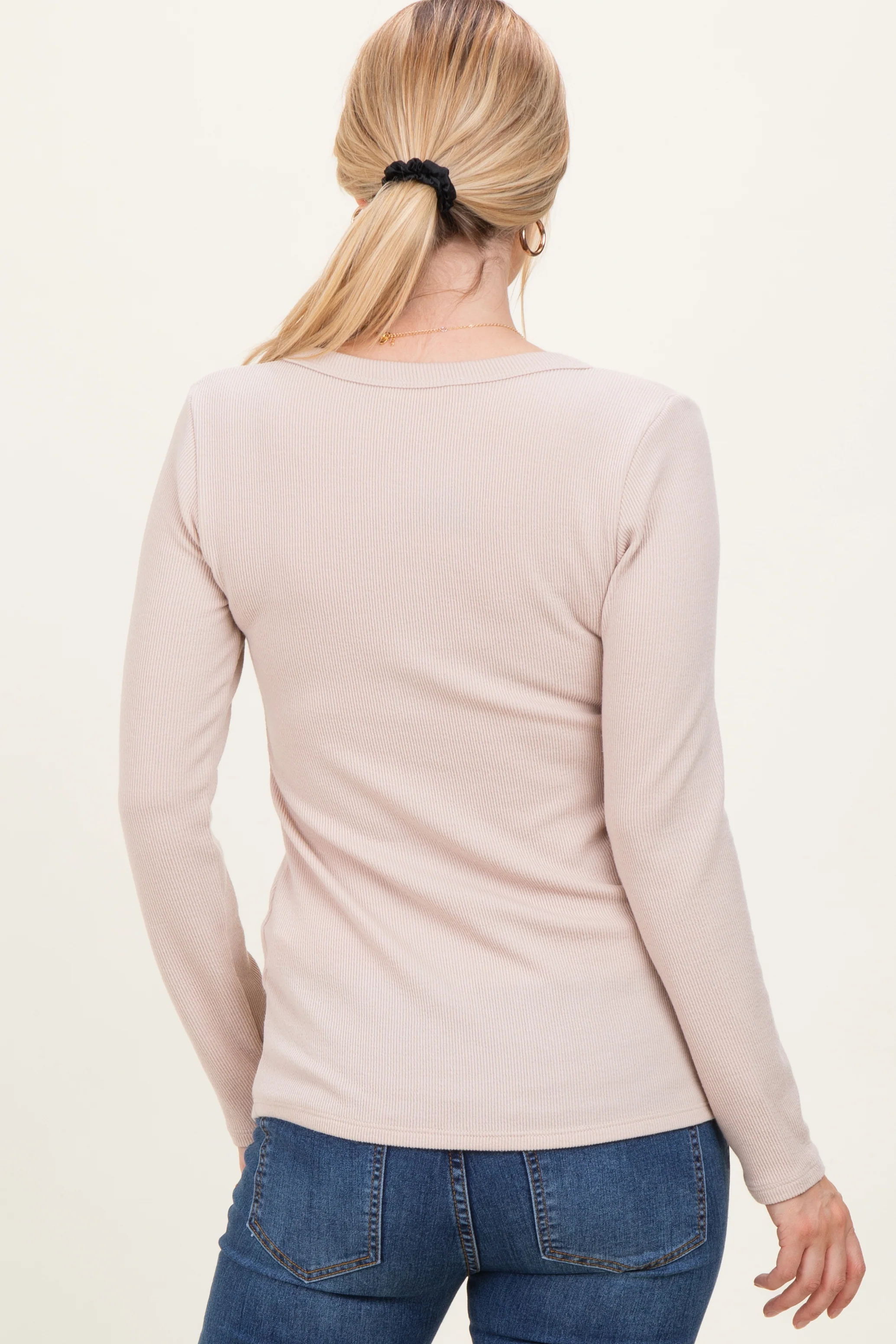 Taupe Ribbed Long Sleeve Henley Top - Image 4