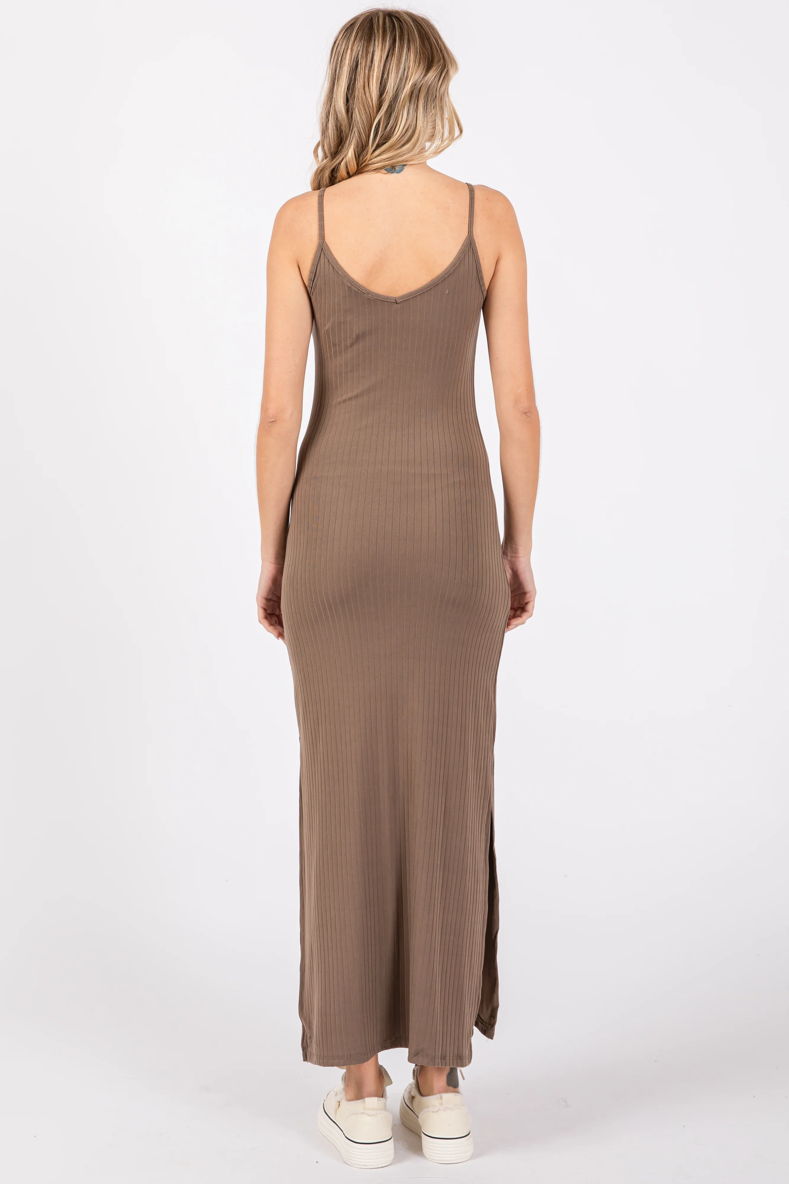 Taupe Ribbed Side Slit Maxi Dress - Image 4