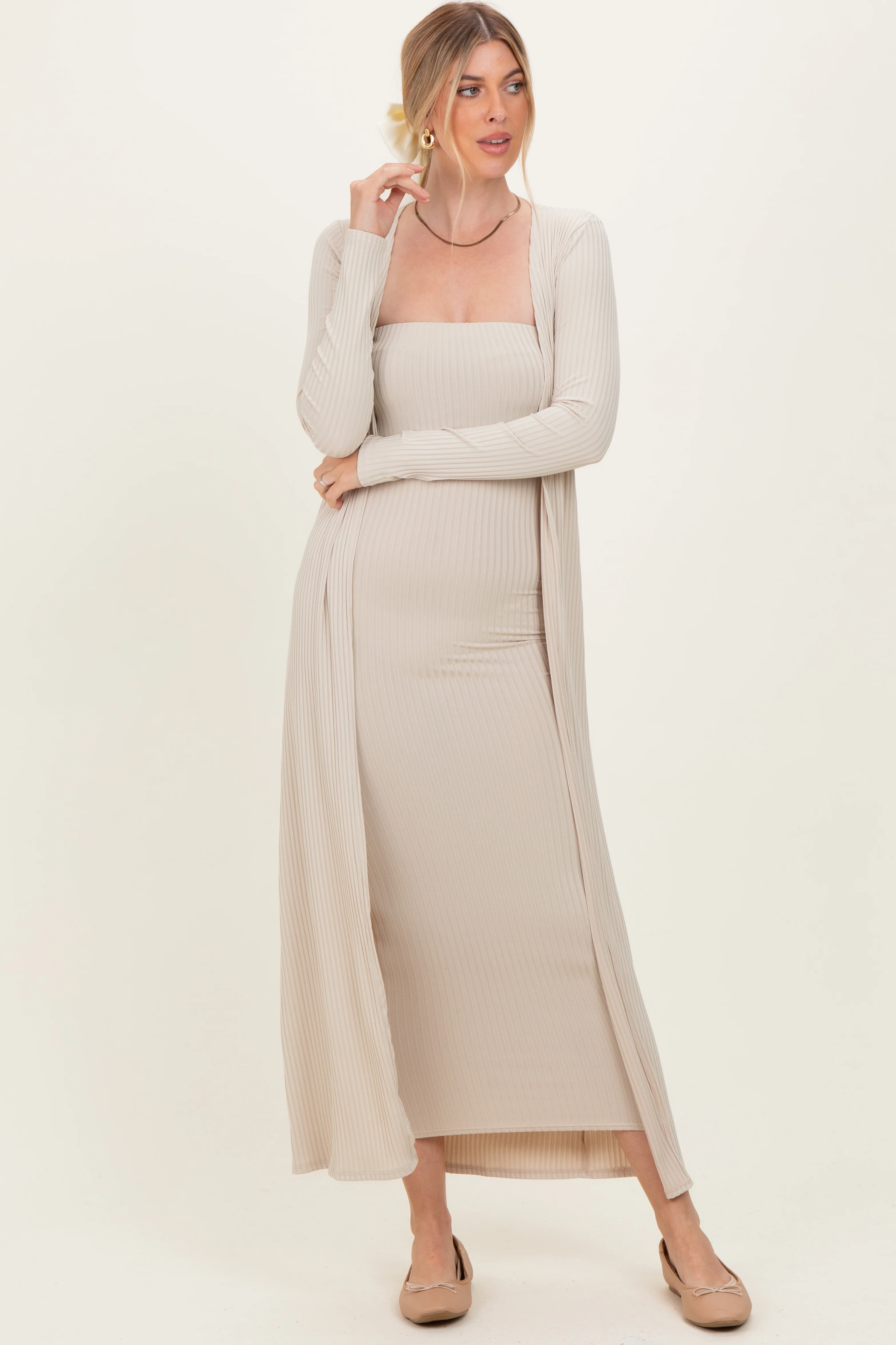 Taupe Ribbed Sleeveless Dress Cardigan Maternity Set - Image 5