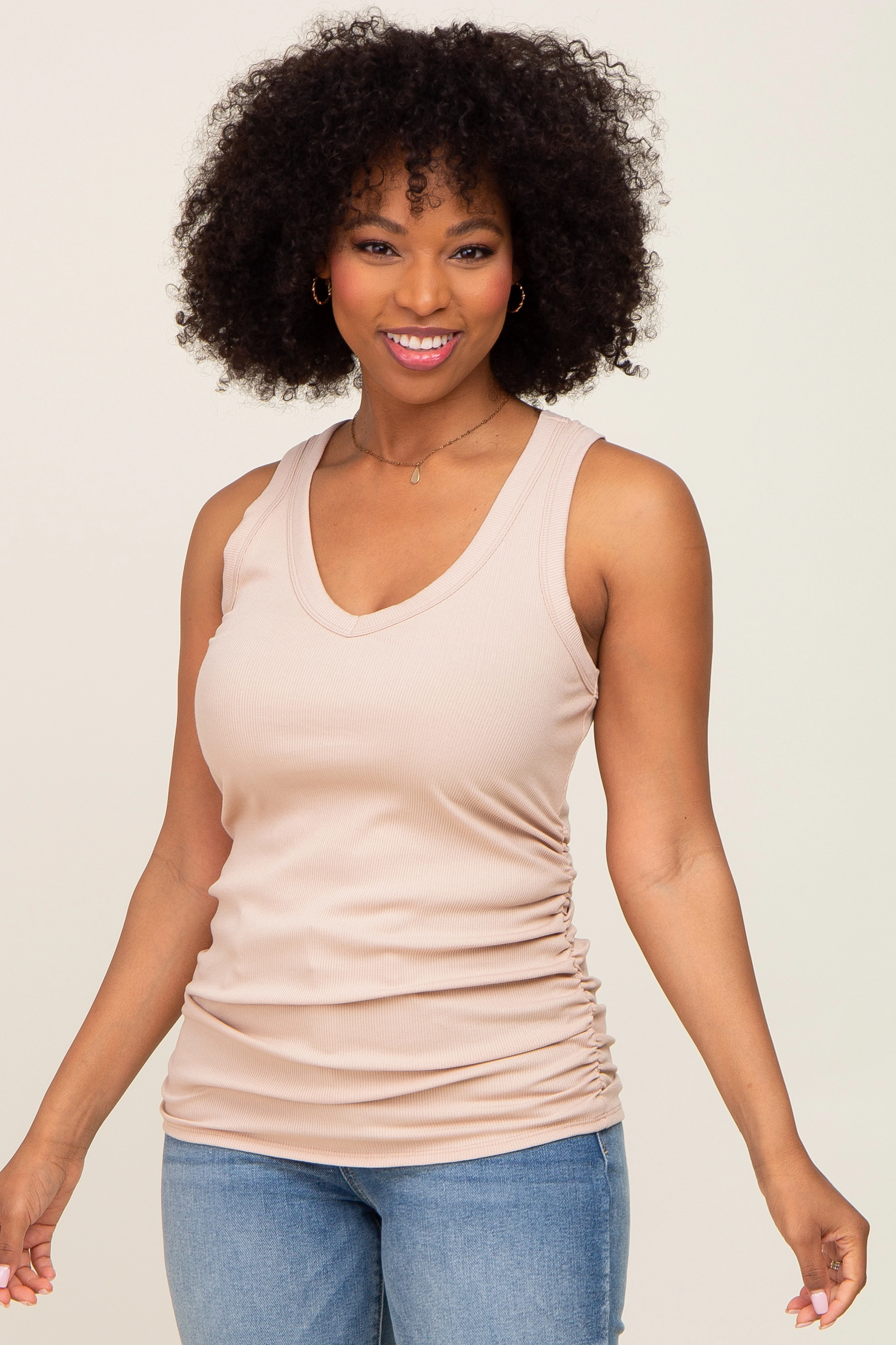 Taupe Ribbed Sleeveless Ruched Maternity Tank Top - Image 5
