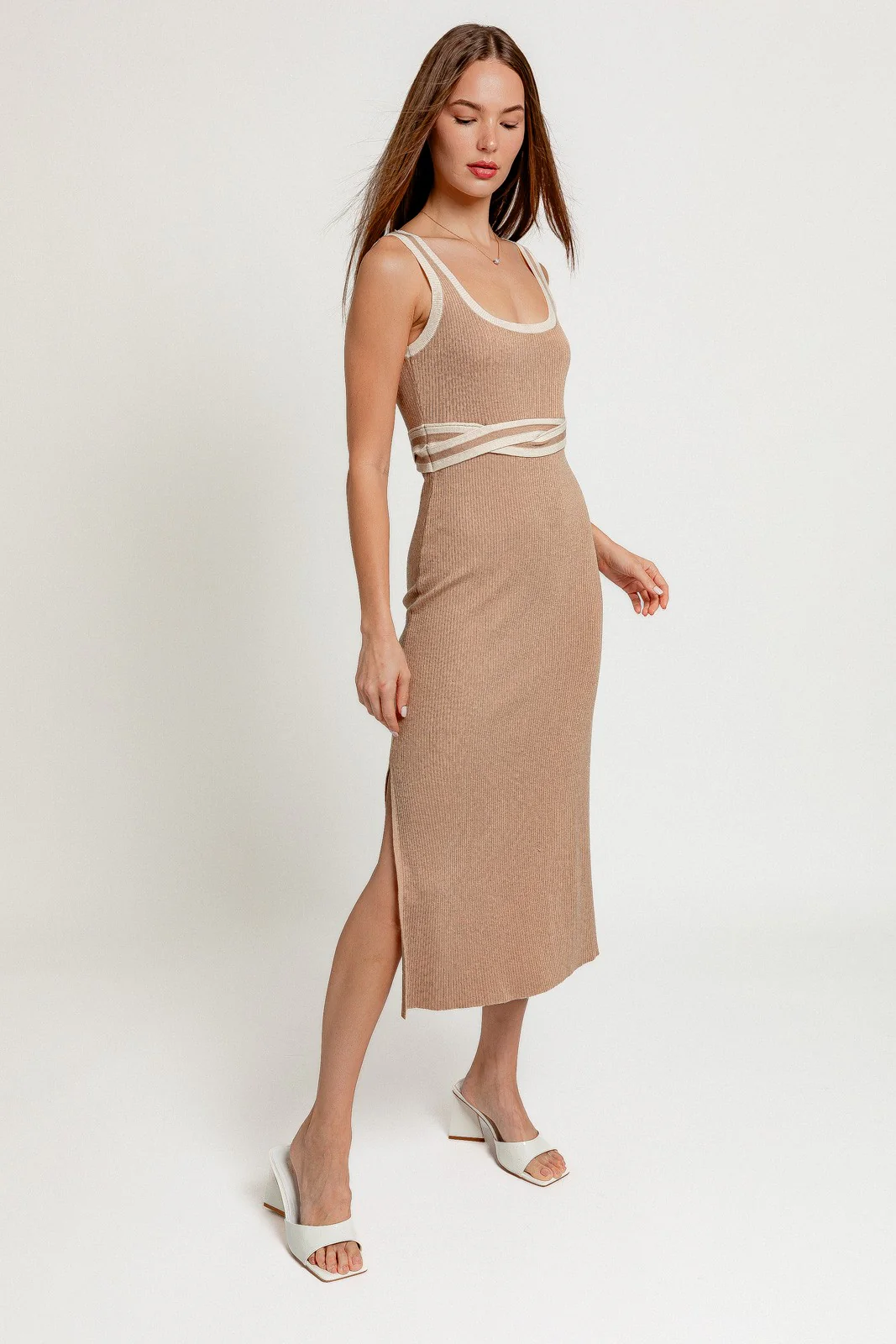 Taupe Ribbed Square Neck Side Slit Dress - Image 2