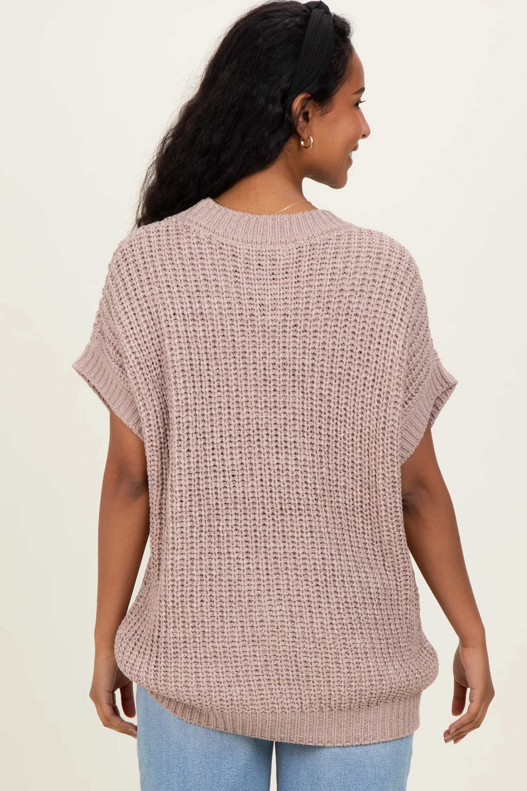 Taupe Short Sleeve Round Neck Maternity Sweater - Image 3