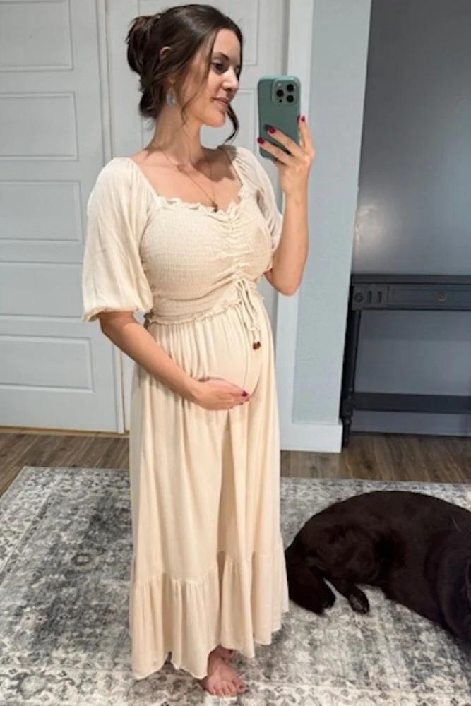Taupe Smocked Cinched Front Maternity Maxi Dress - Image 4