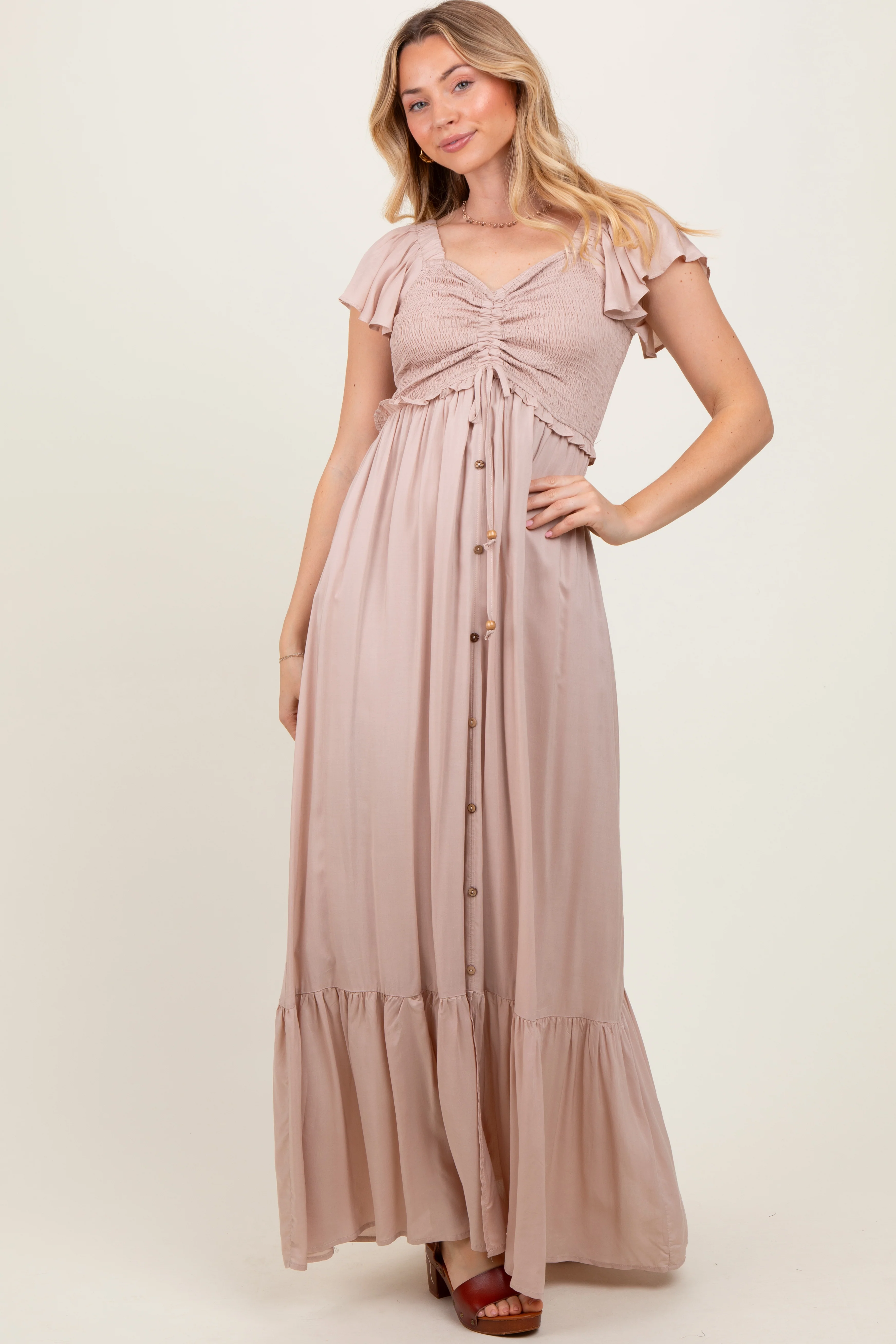 Taupe Smocked Top Woven Maxi Dress - Image 2
