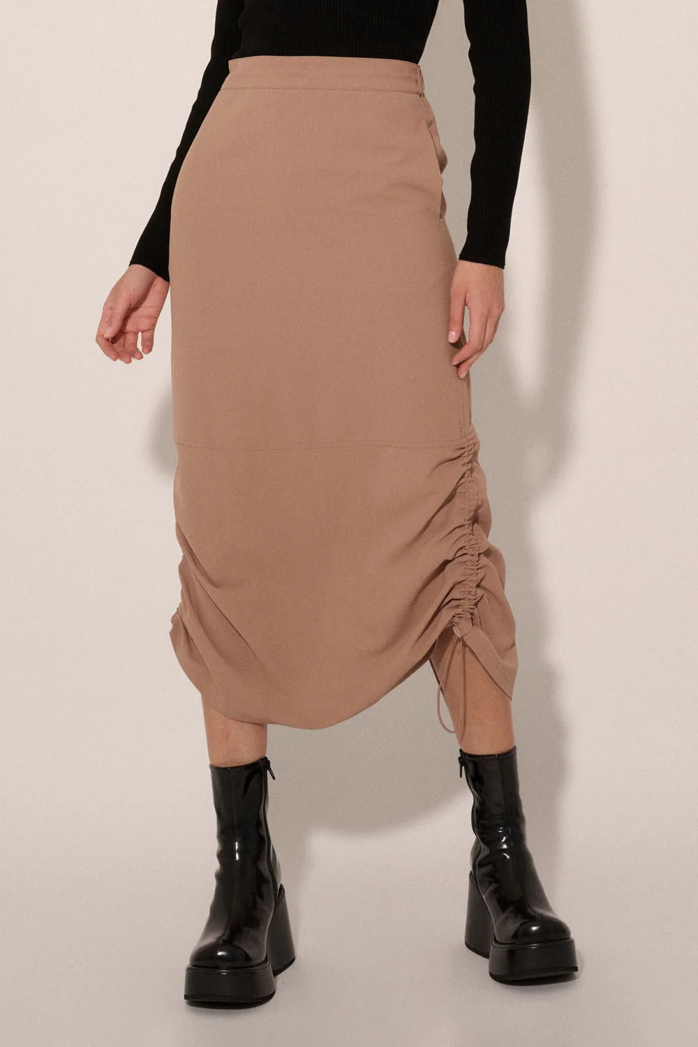 Taupe Solid Drawstring Side Back Elastic Midi Skirt - Image 2