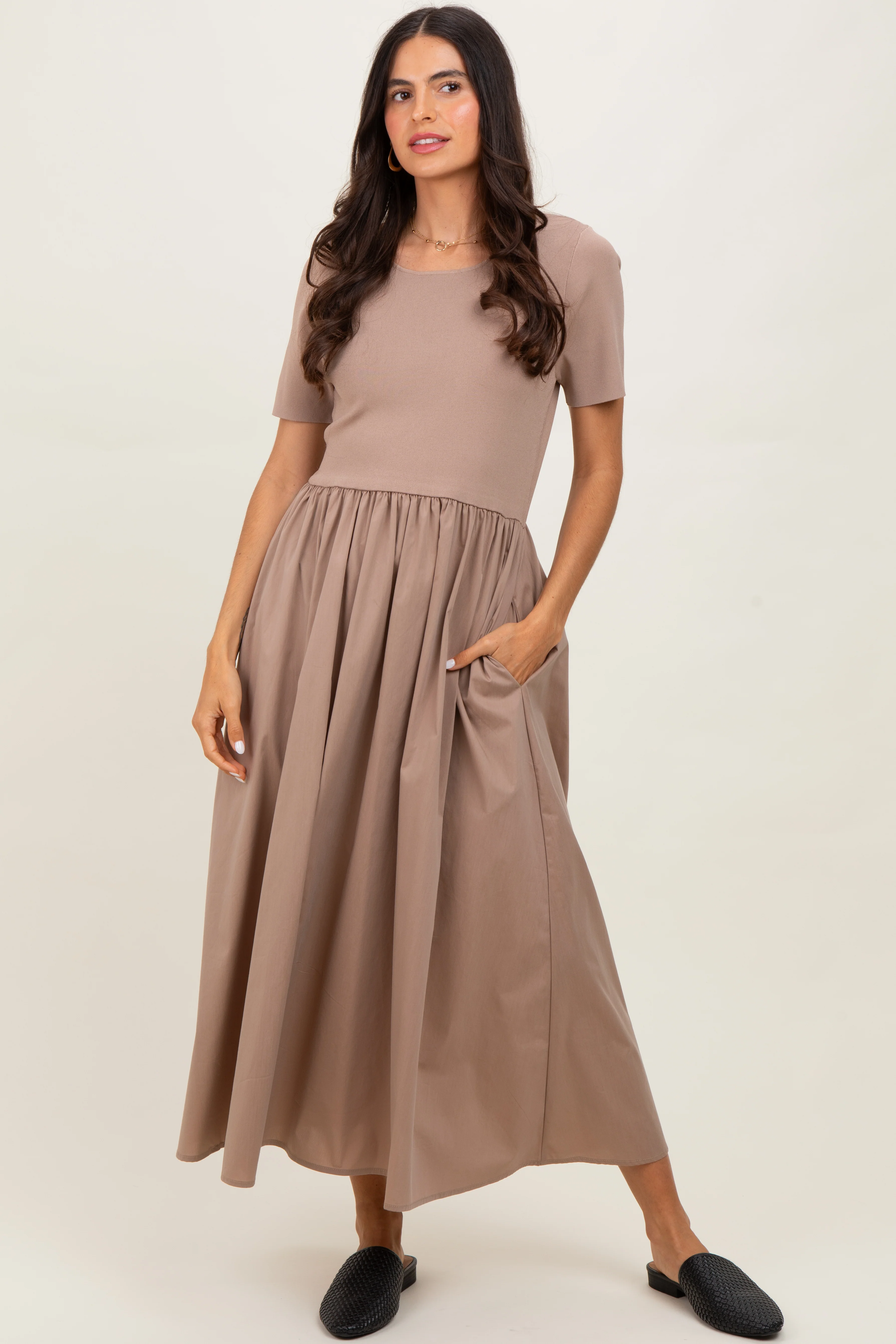 Taupe Solid Maternity Maxi Dress - Image 3