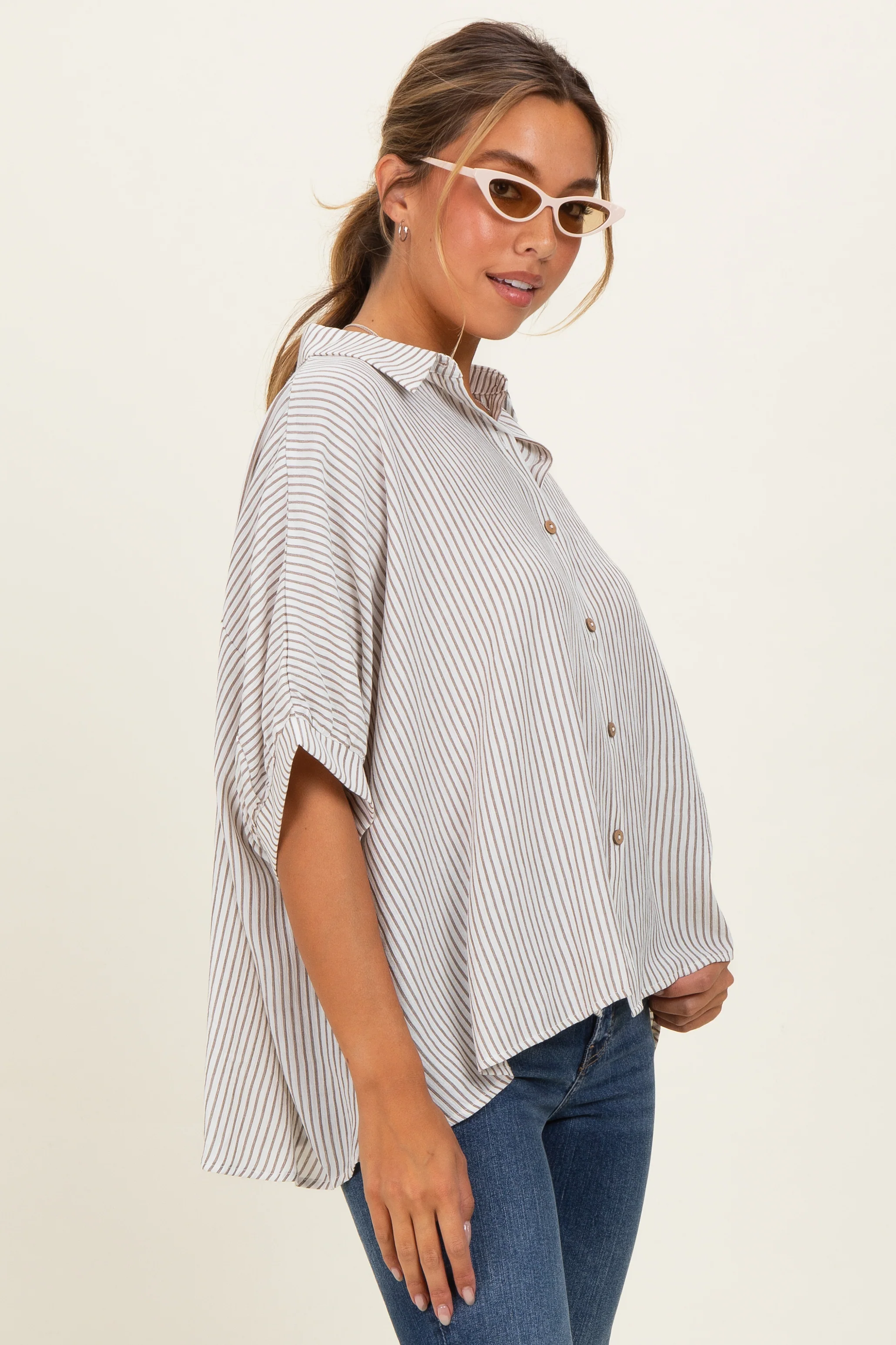 Taupe Striped Boxy Button Down Top - Image 3