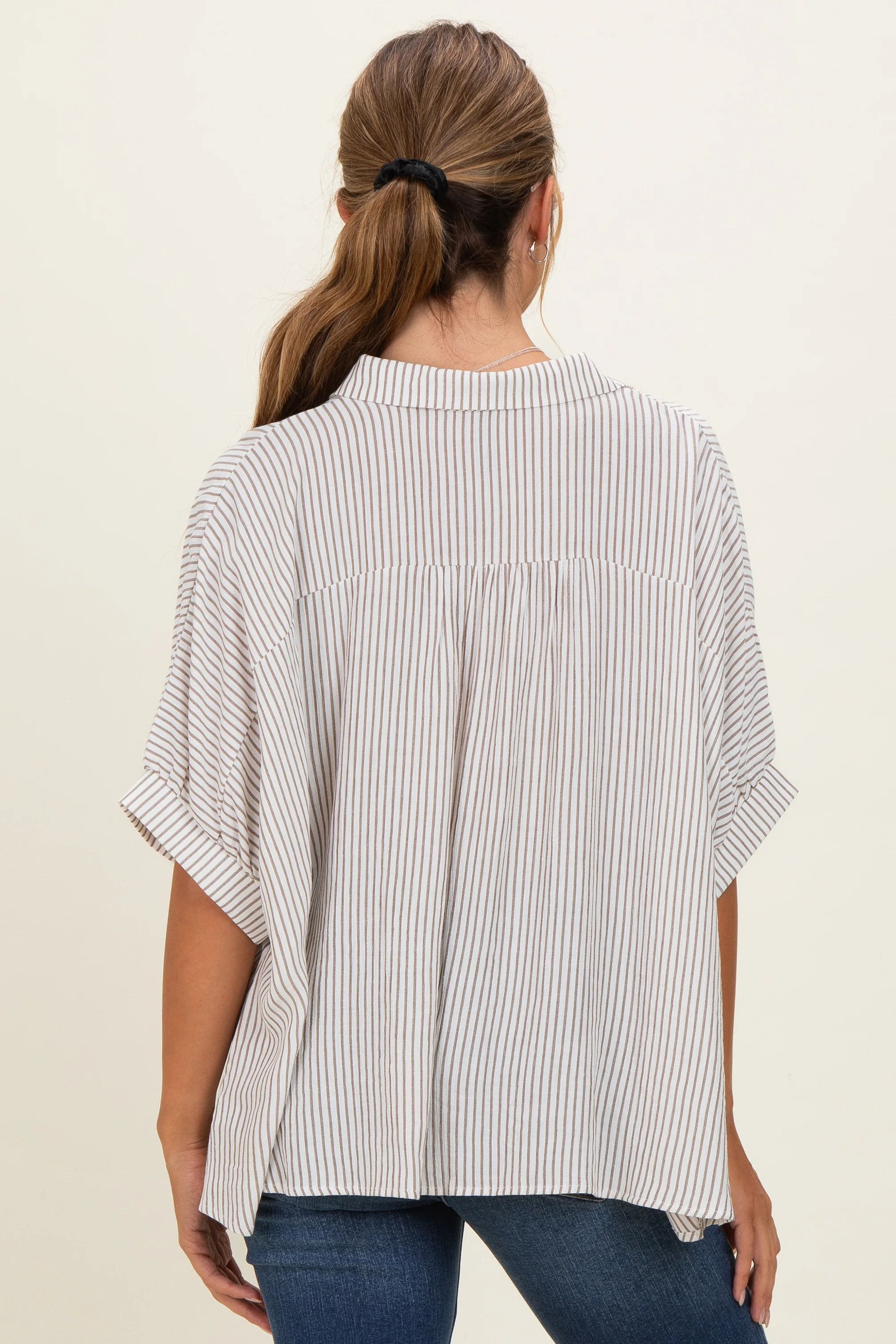 Taupe Striped Boxy Button Down Top - Image 4