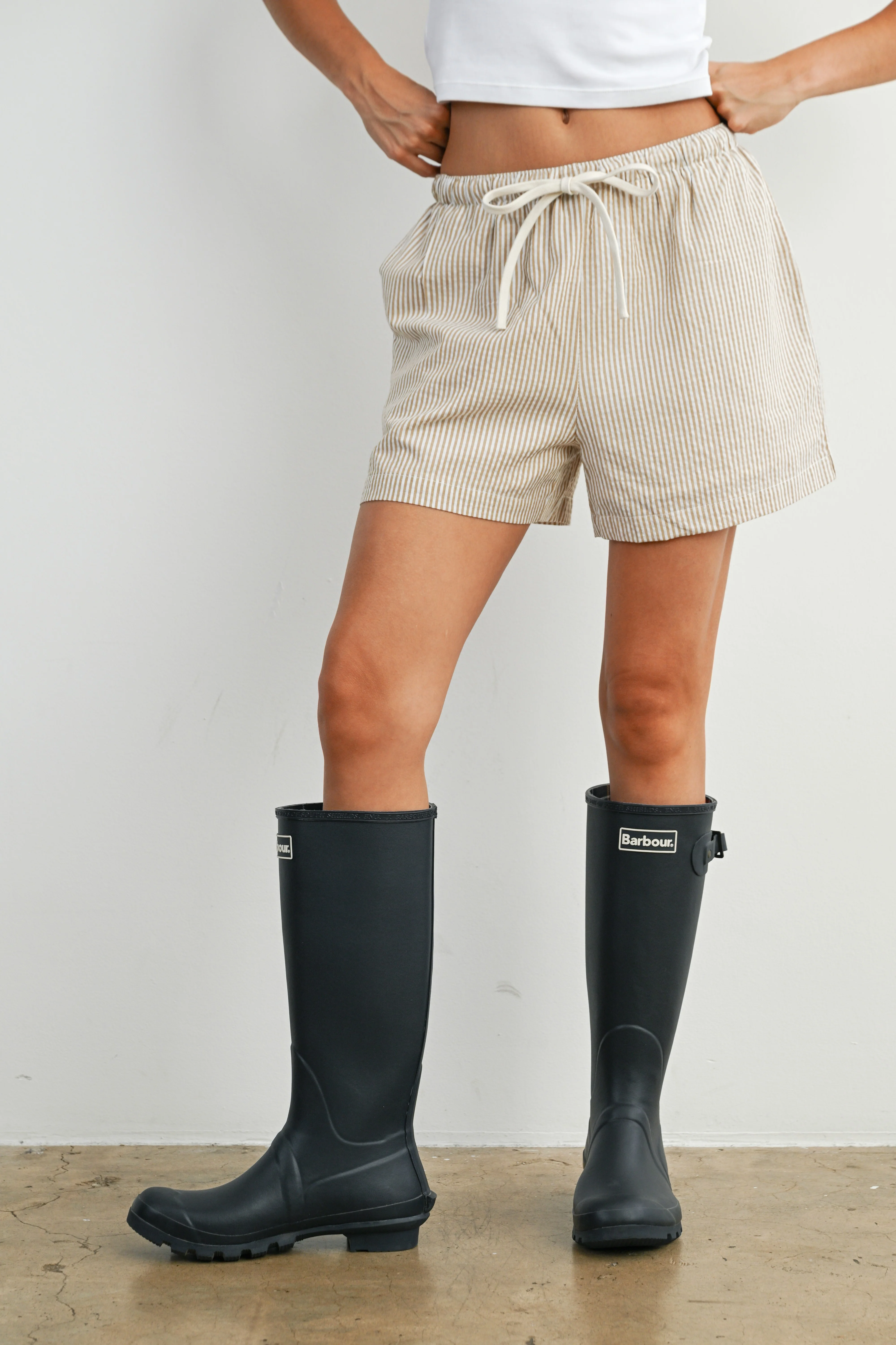 Taupe Striped Drawstring Shorts - Image 2