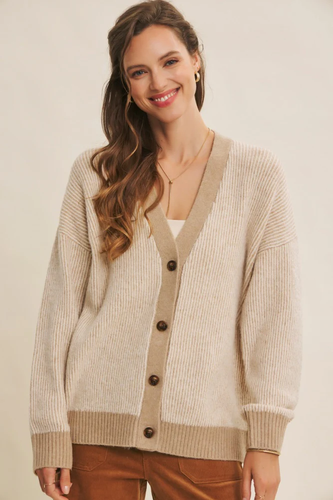 Taupe Two-Tone Button-Down Maternity Cardigan - Image 5