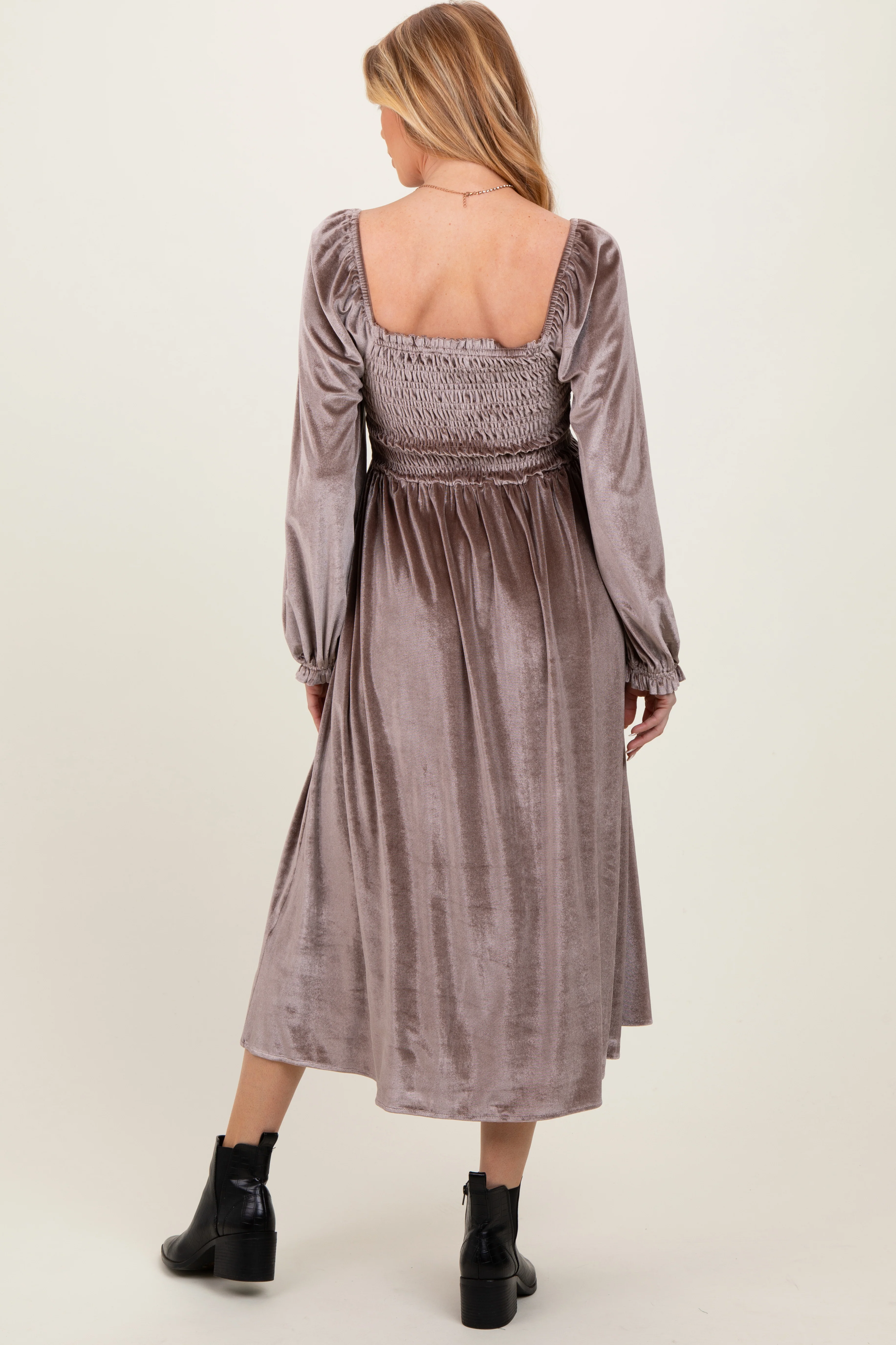 Taupe Velvet Smocked Long Sleeve Maternity Maxi Dress - Image 3