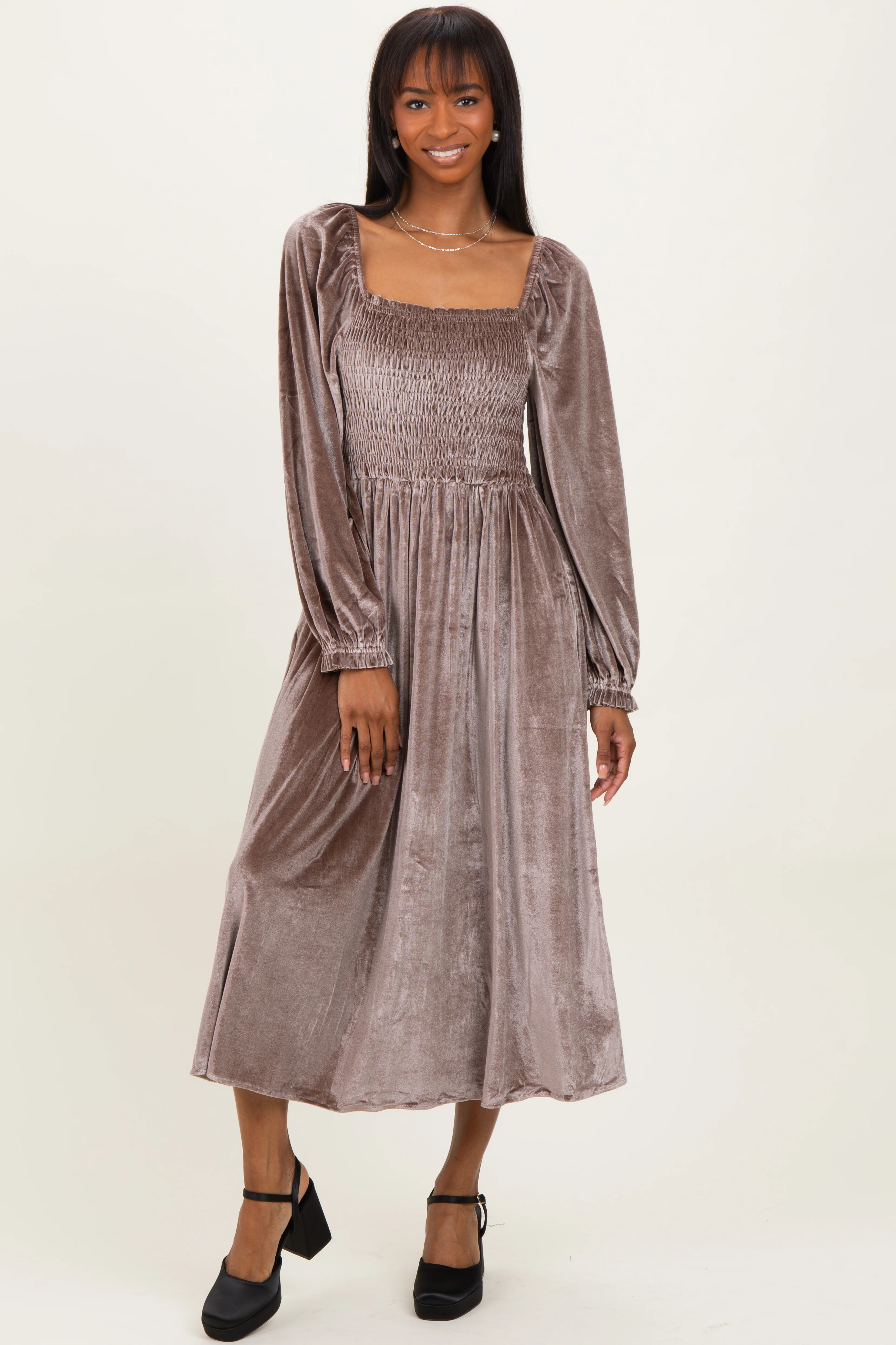 Taupe Velvet Smocked Long Sleeve Maternity Maxi Dress - Image 4