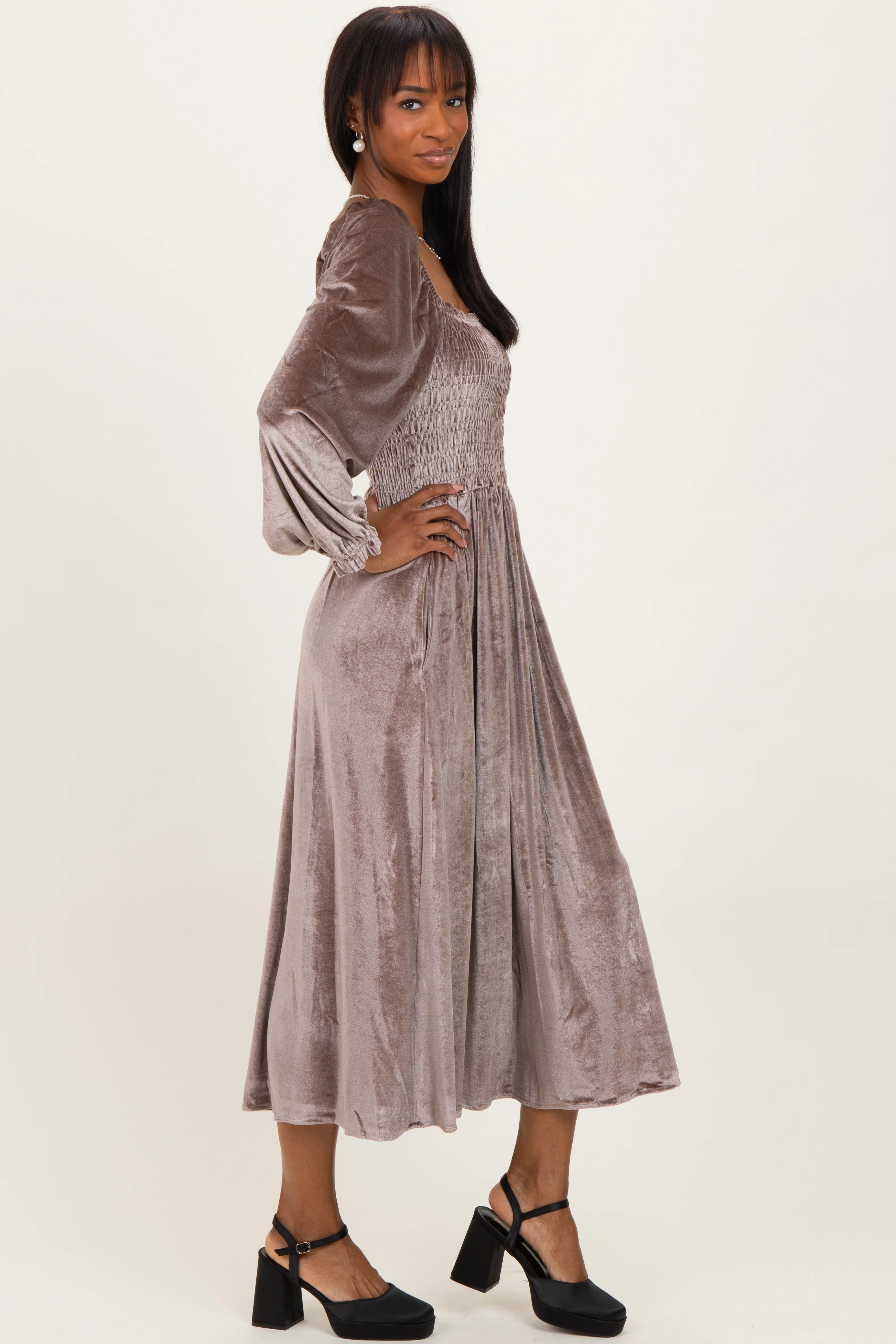 Taupe Velvet Smocked Long Sleeve Maxi Dress - Image 2