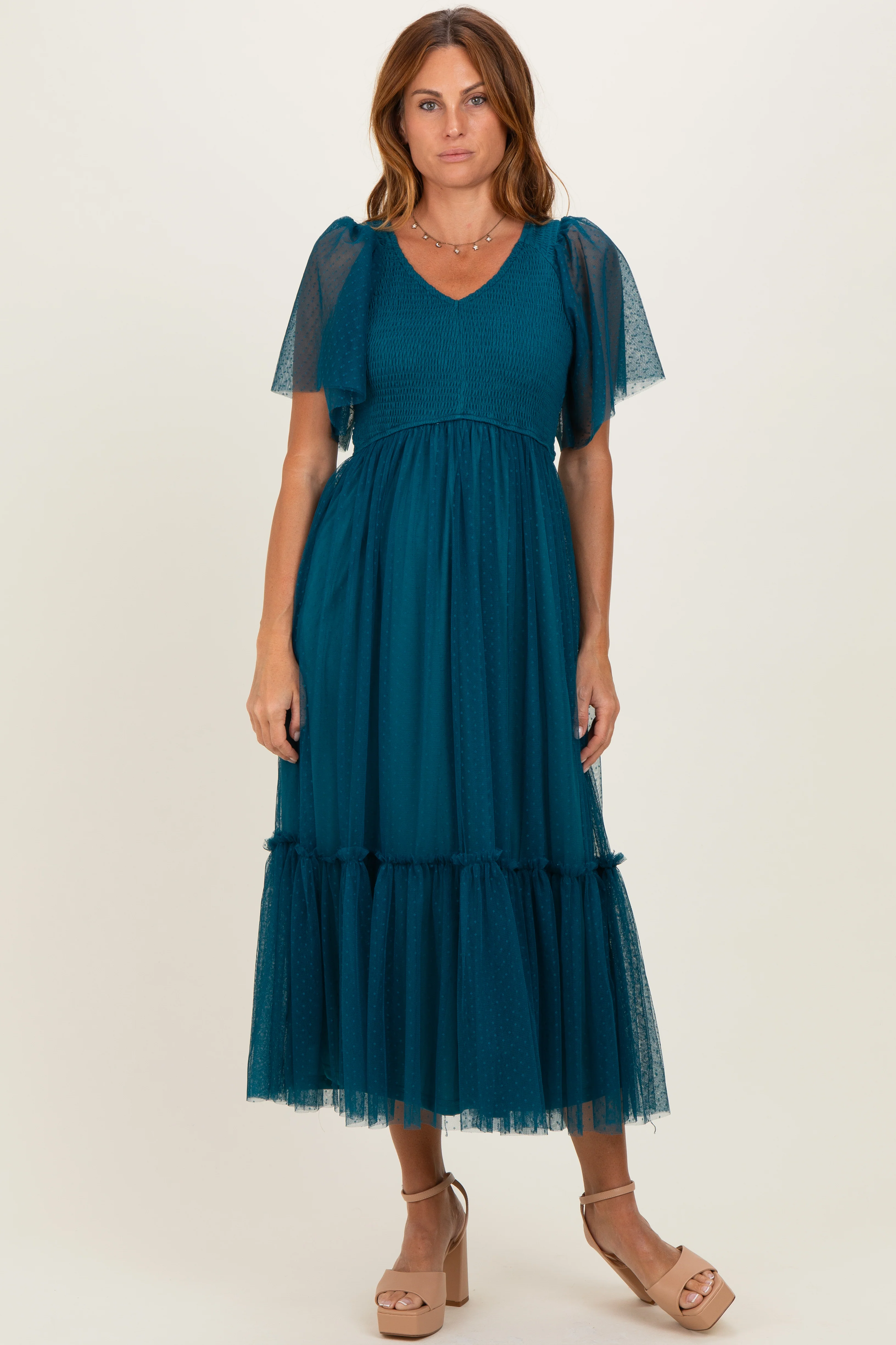 Teal Dotted Tulle Smocked Maternity Midi Dress - Image 4
