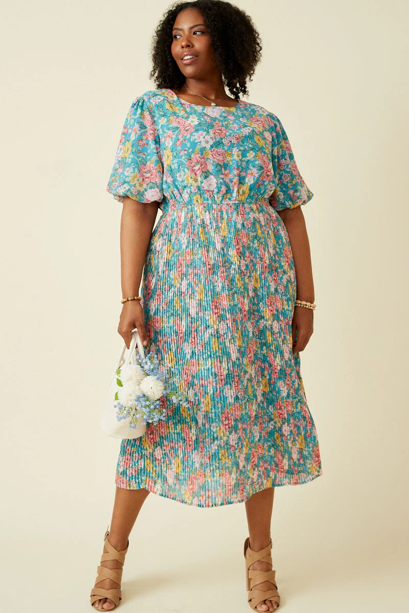 Teal Floral Pleated Maternity Plus Size Midi Dress - Image 6